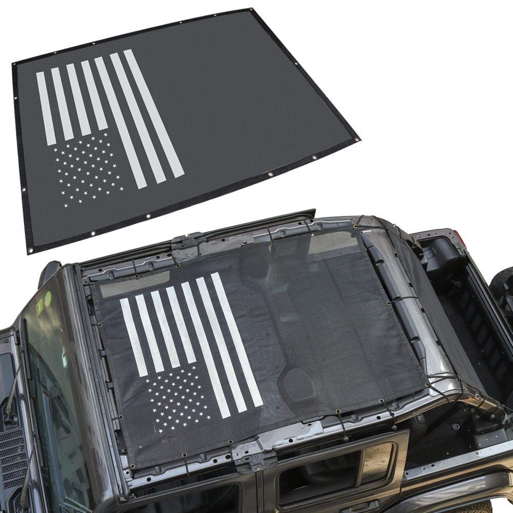 2018-2019 Jeep Wrangler JL 4-Door Sunshade Mesh Top Cover - UV Protection Accessory with Black US Flag Design | Perfect for Off-Roading & Summer Driving