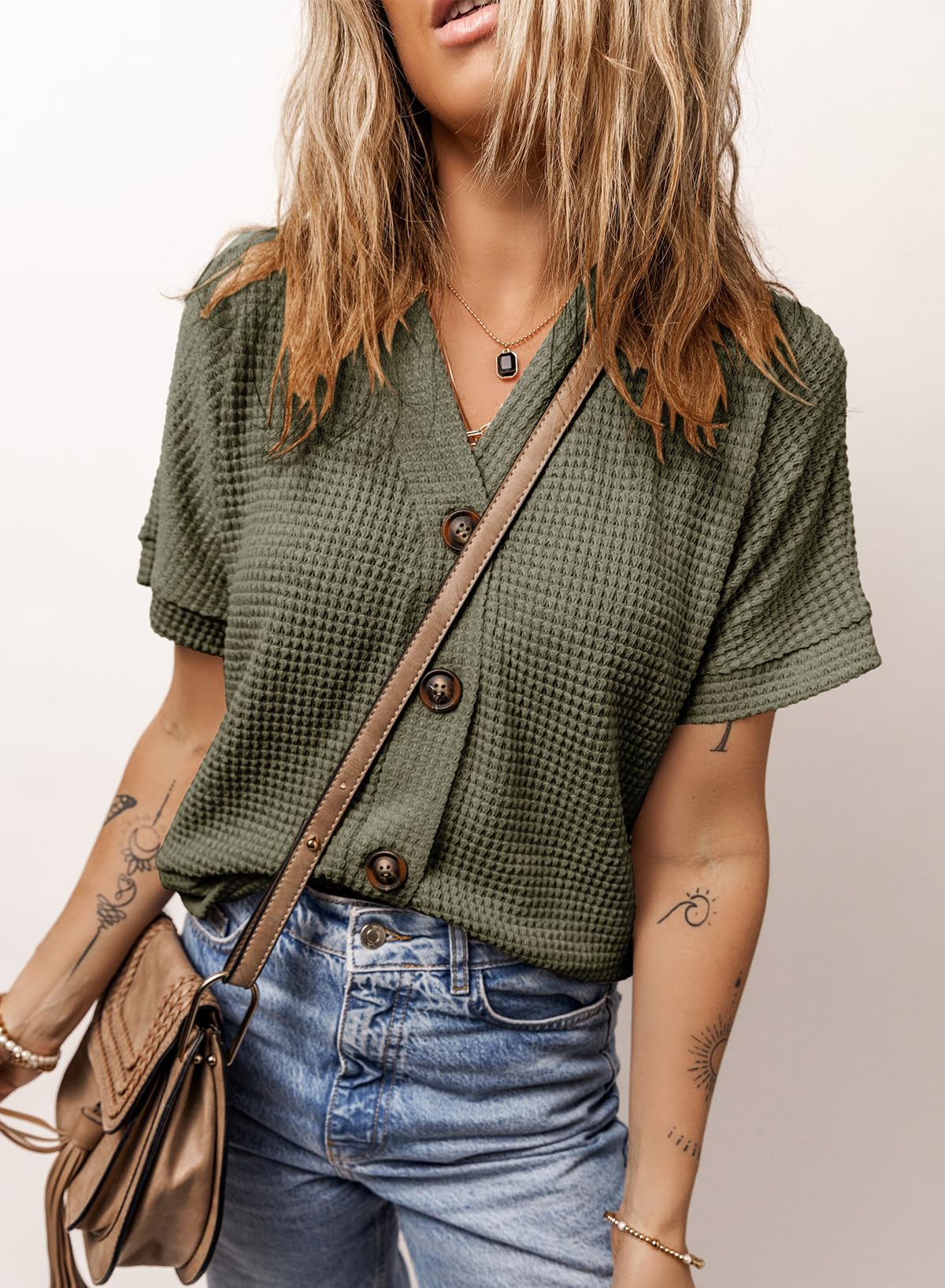 Dokotoo Women's Summer Tops 2025 - Waffle Knit Button Down Shirts, Casual V-Neck Short Sleeve Shacket Jacket, Dressy Blouses for Work, Date Night & Outdoor Activities