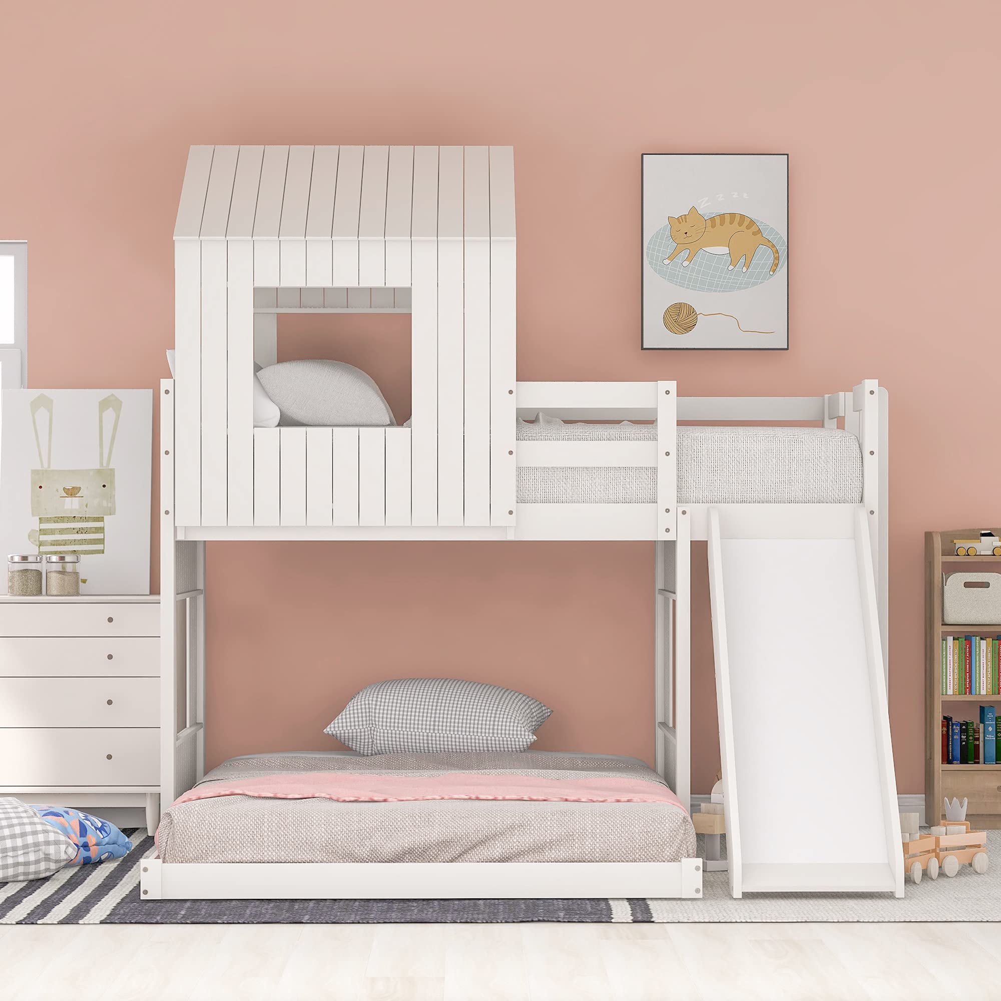 Quarte Twin Over Full Bunk Bed with Slide & Ladder - Solid Wood Loft Bed Frame with Playhouse, Farmhouse Design & Safety Guardrails - Perfect for Kids, Teens, Boys & Girls (White) - Ideal for Small Bedrooms, Playrooms & Shared Kids' Spaces