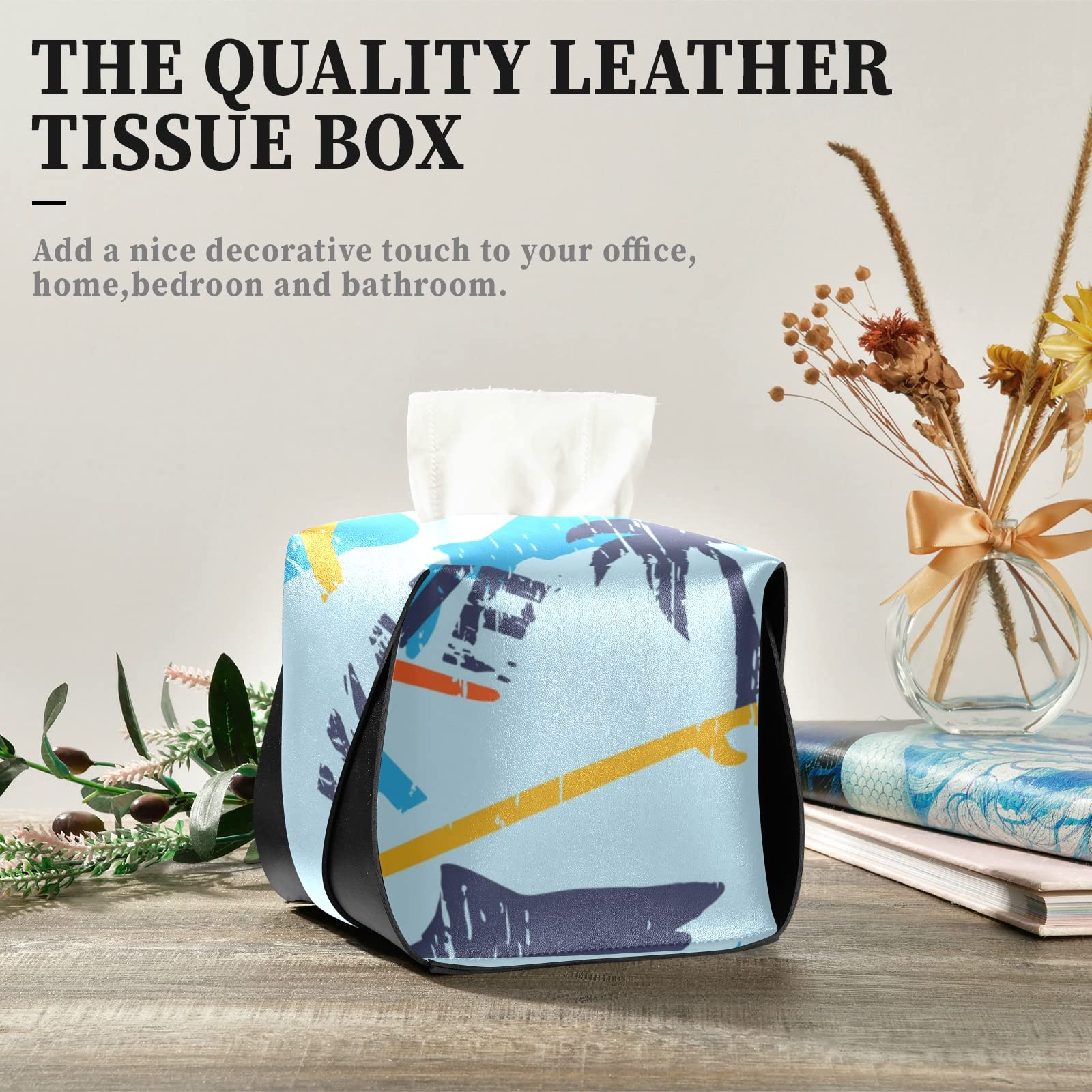 Premium Leather Tissue Box Cover with Handle - Seamless Bright Surfboards, Shark & Palm Trees Design - 5.7x5.7x5.7 Inches - Perfect for Bathroom, Home Nightstand, Vanity Countertop, Office Desk & Car Decor