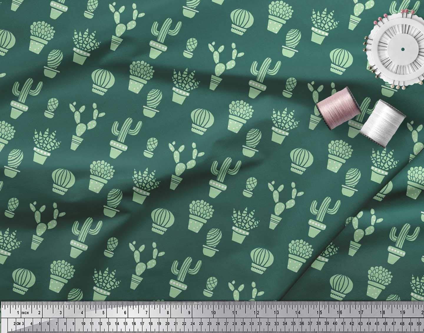 Soimoi 42 Inch Wide Polyester Crepe Fabric - Cactus & Pot Print Textile Material by The Yard for DIY Crafts, Home Decor & Sewing Projects