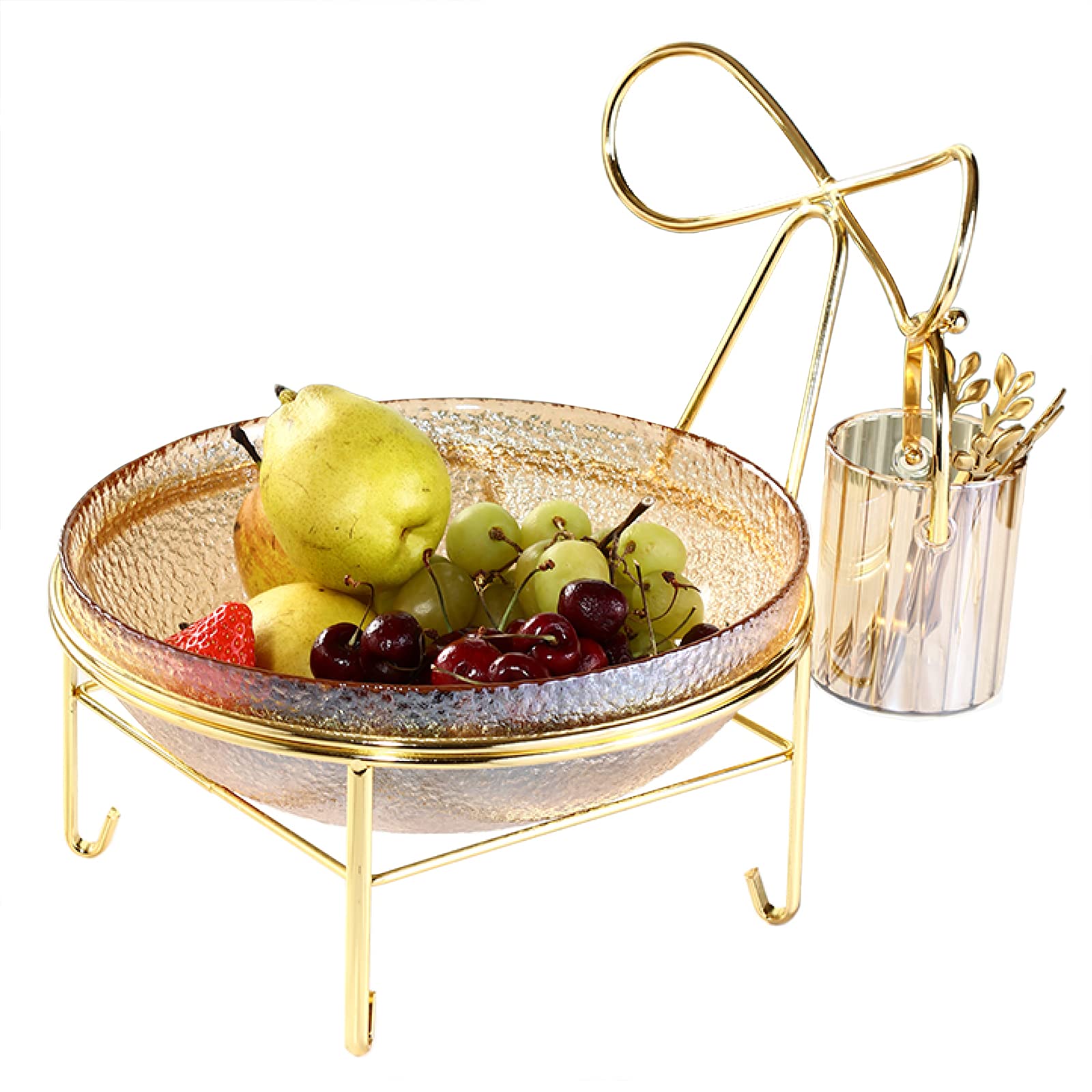 Large Glass Salad Bowl with Metal Stand - 4.5QT Fruit & Dessert Serving Bowl for Kitchen, Party, Picnic - Includes 4 Stainless Steel Forks & Storage Tub (Yellow) - Perfect for Entertaining, Family Gatherings & Outdoor Dining