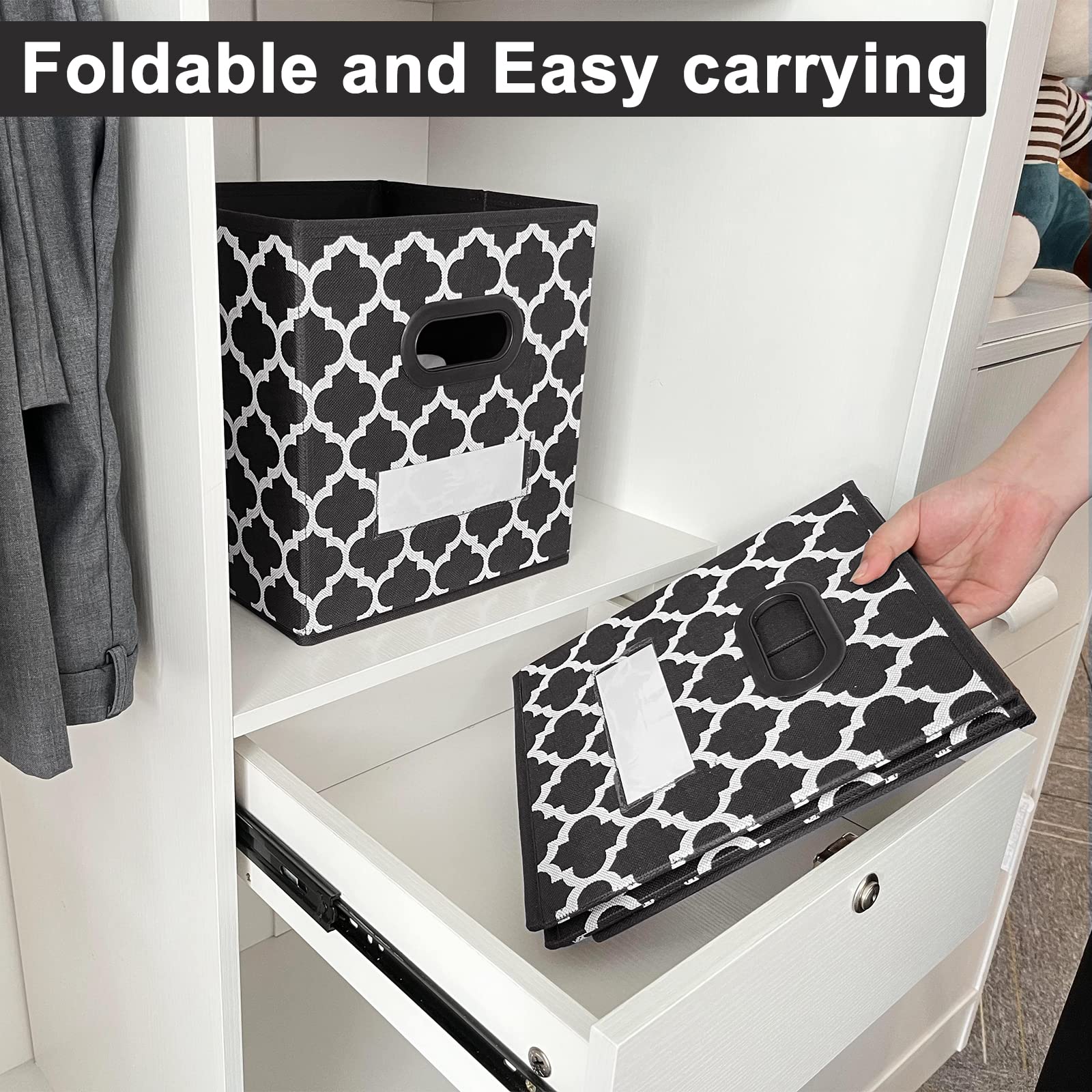 Homyfort 13x13 Inch Cube Storage Organizer Bins - Set of 4 Foldable Fabric Baskets with Labels & Plastic Handles for Shelves, Cabinets, Nursery, Closet Organization - Perfect for Toys, Clothes, Books & Home Decor (Black)