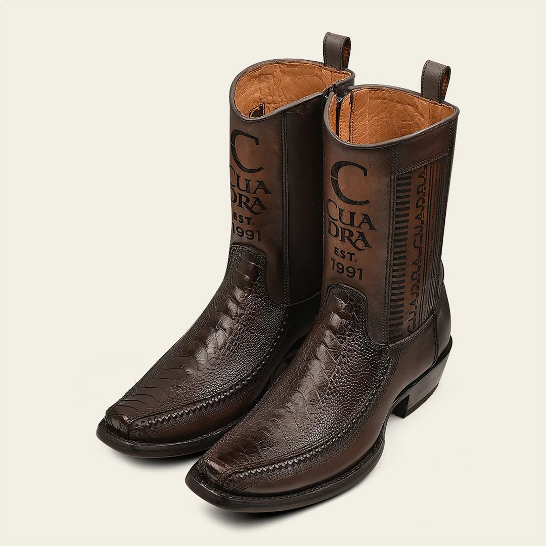 Men's Cuadra Brown Cowboy Boots with Ostrich Leg Design & Ankle Zip - Stylish Western Boots for Rodeo, Country Music Festivals & Casual Wear
