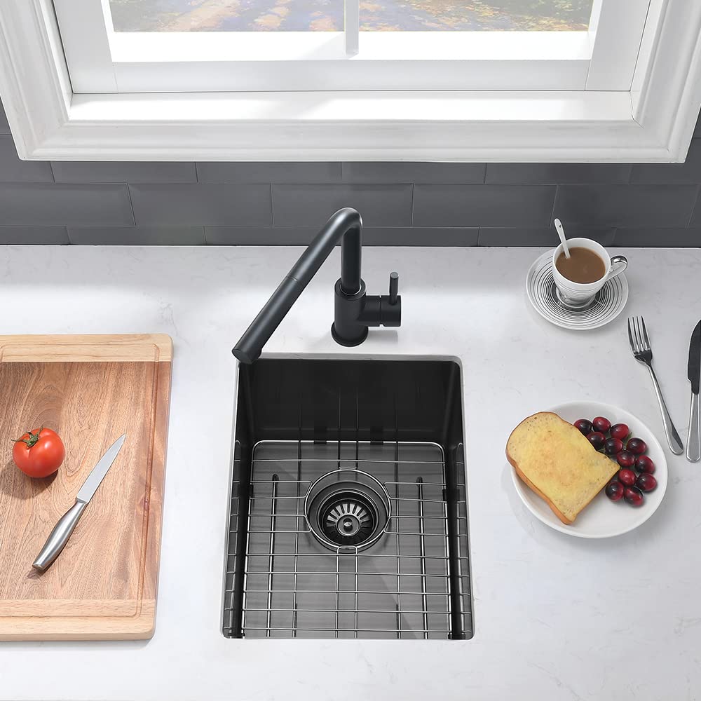 14 Inch Black Undermount Bar Sink - VASOYO 14x18 Stainless Steel Bar Prep Sink, 16 Gauge Single Bowl Kitchen Sink with Bottom Grid & Drain - Perfect for Small Kitchens, Outdoor, RV Use