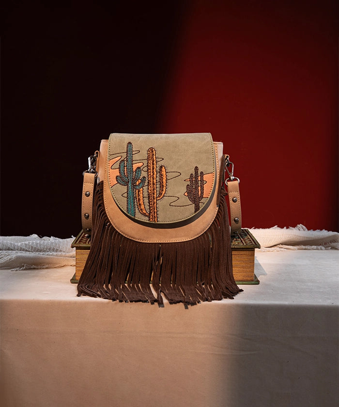 Montana West Cactus Embroidered Fringe Crossbody Bag for Women - Stylish Western Purse with Adjustable Strap - Perfect for Casual Outings, Music Festivals & Travel