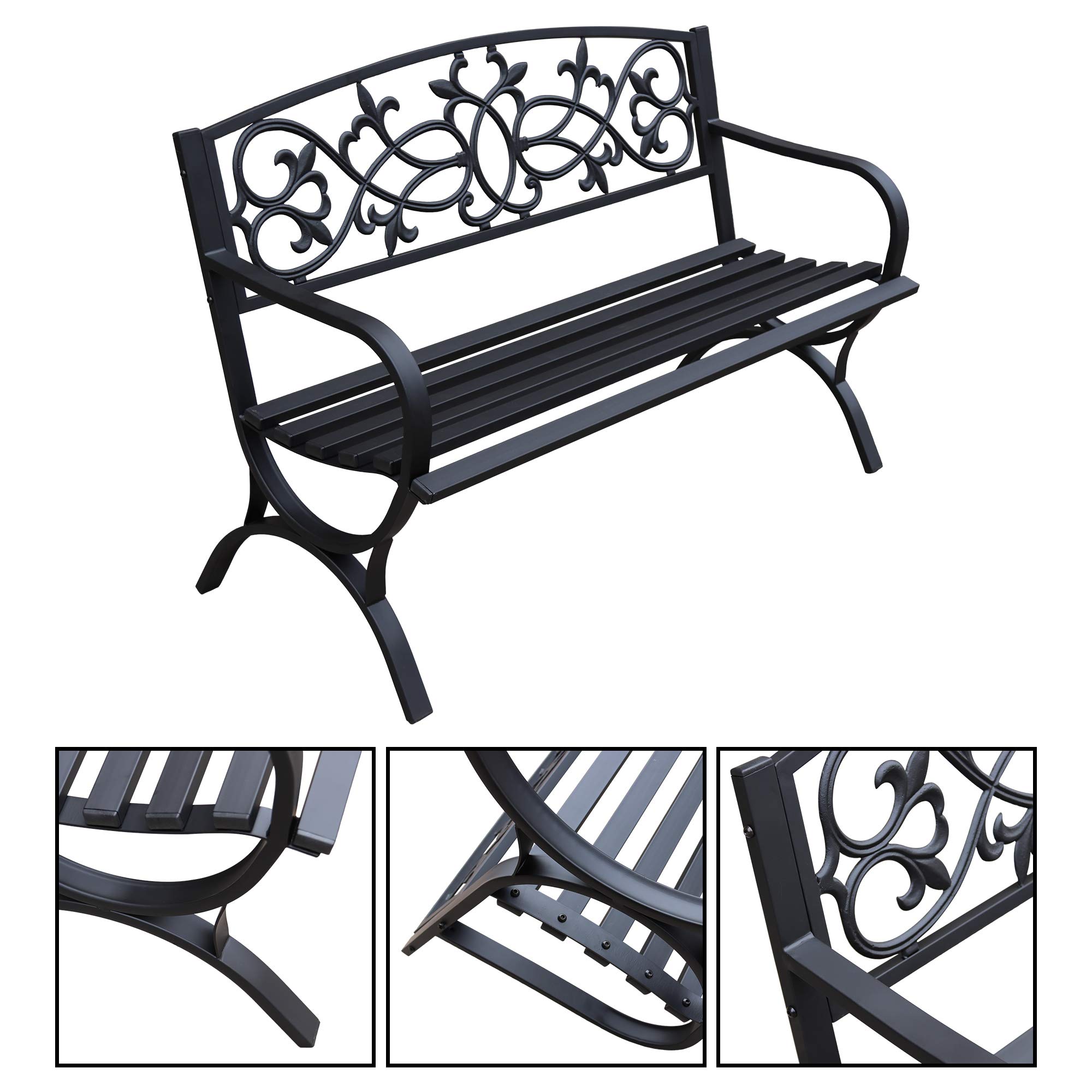 4.1 Ft Steel Frame Garden Bench - Outdoor Patio Chair for Yard, Park & Backyard - 2-Person Loveseat with Decorative Backrest & Slatted Seat - Perfect for Outdoor Seating, Picnics, and Garden Relaxation