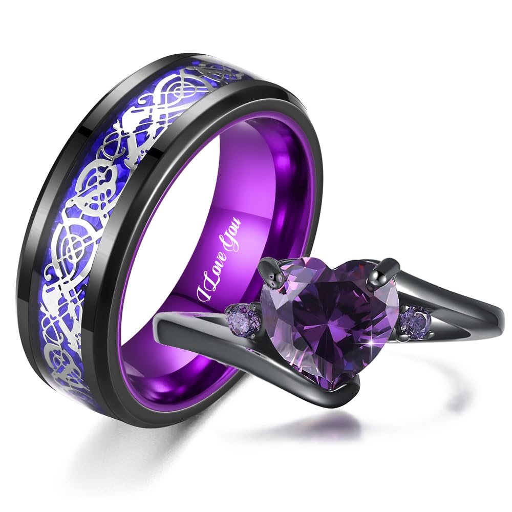 **Personalized Couple's Engagement & Wedding Ring Set - Engraved Names, Blue & Black Tungsten Rings for Men & Women - Purple Heart Birthstone Promise Rings for Matching His & Hers - Perfect for Anniversaries, Proposals & Romantic Gifts**