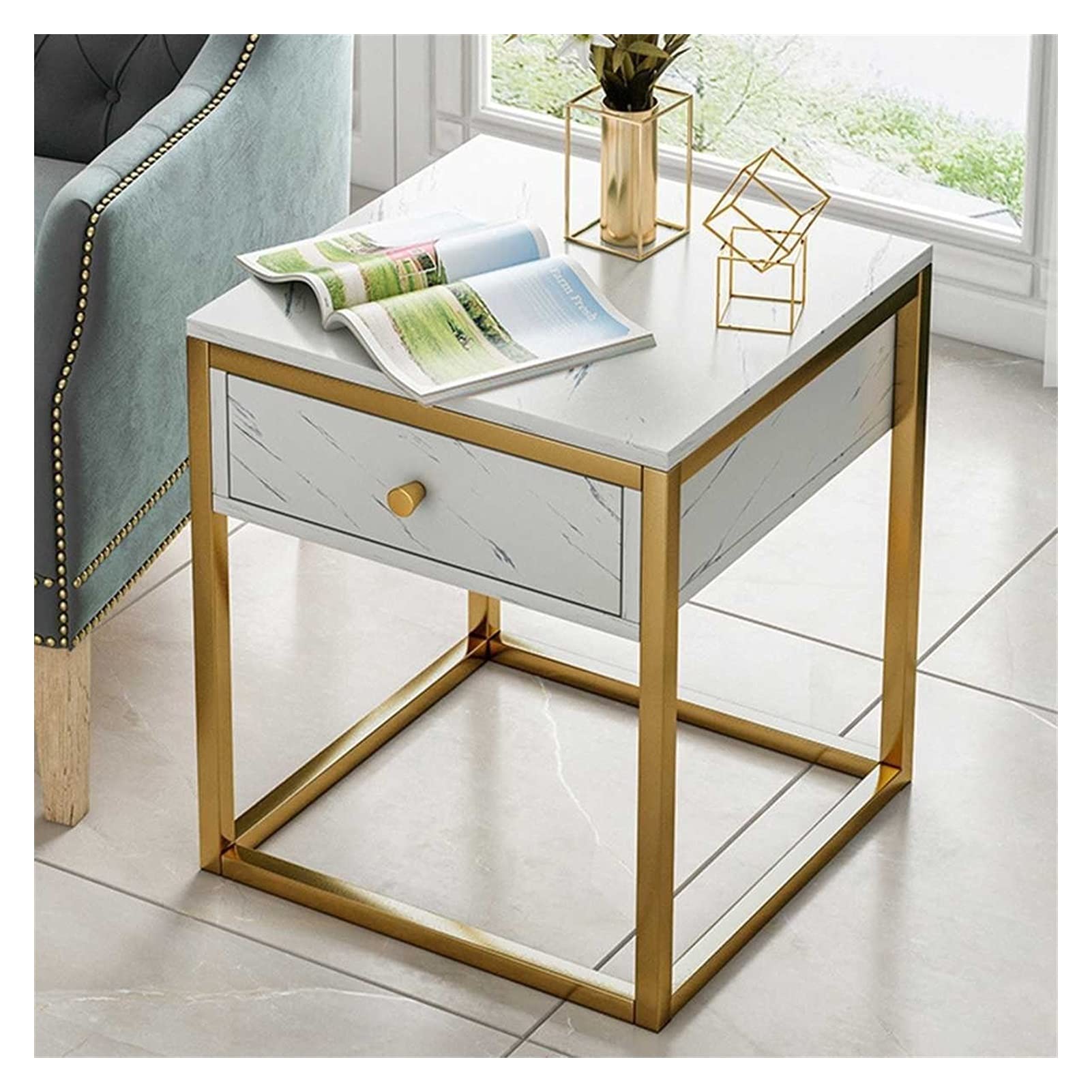 Modern Marble Coffee Table 40cm - Stylish Sofa Side Table, Bedside Table for Living Room & Bedroom - Compact Small Furniture for Home Decor