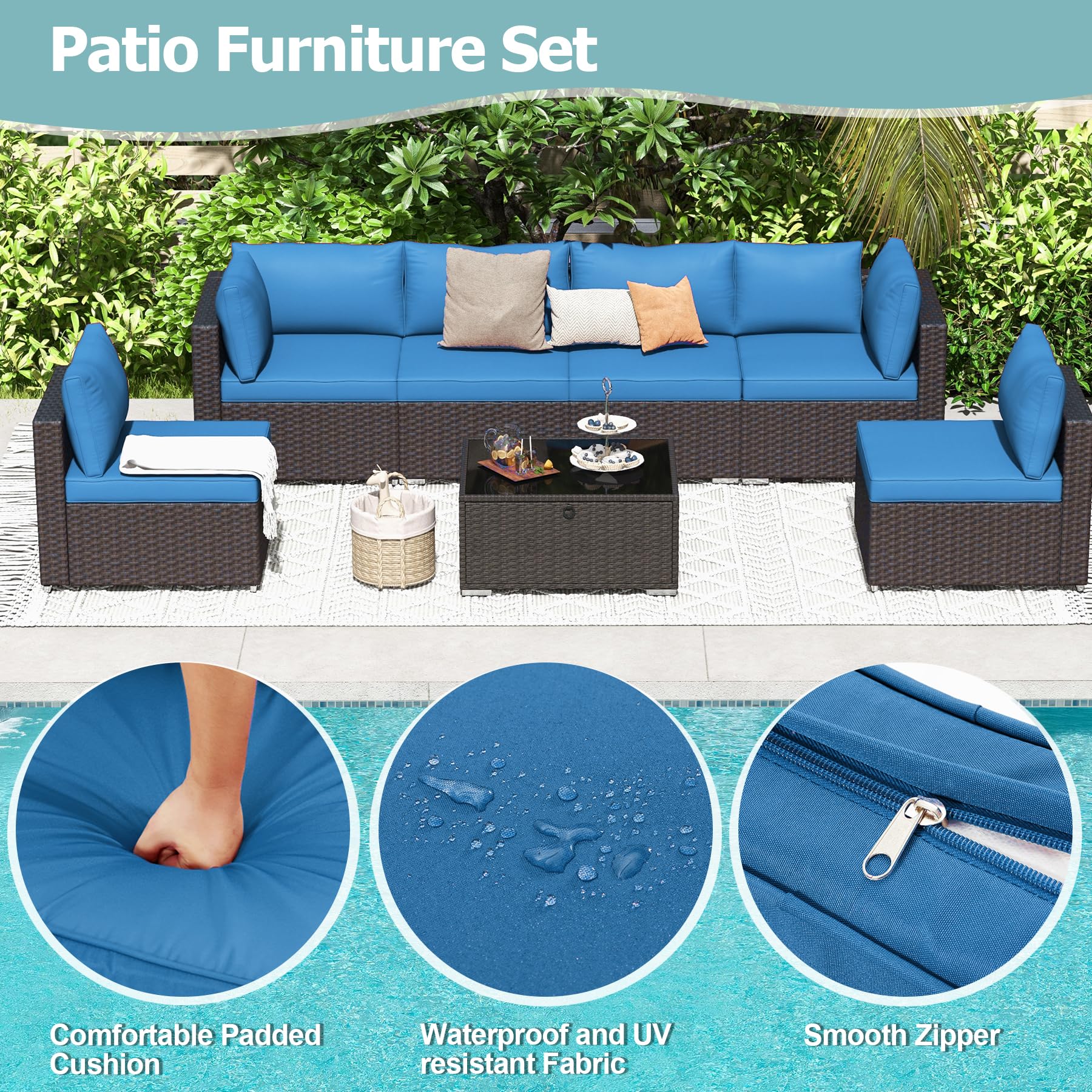 HOMREST 7-Piece All-Weather Wicker Patio Furniture Set with Adjustable Bracket & Coffee Table - Outdoor Conversation Set for Porch, Garden, Backyard (Blue) - Perfect for Relaxing, Entertaining & Outdoor Dining