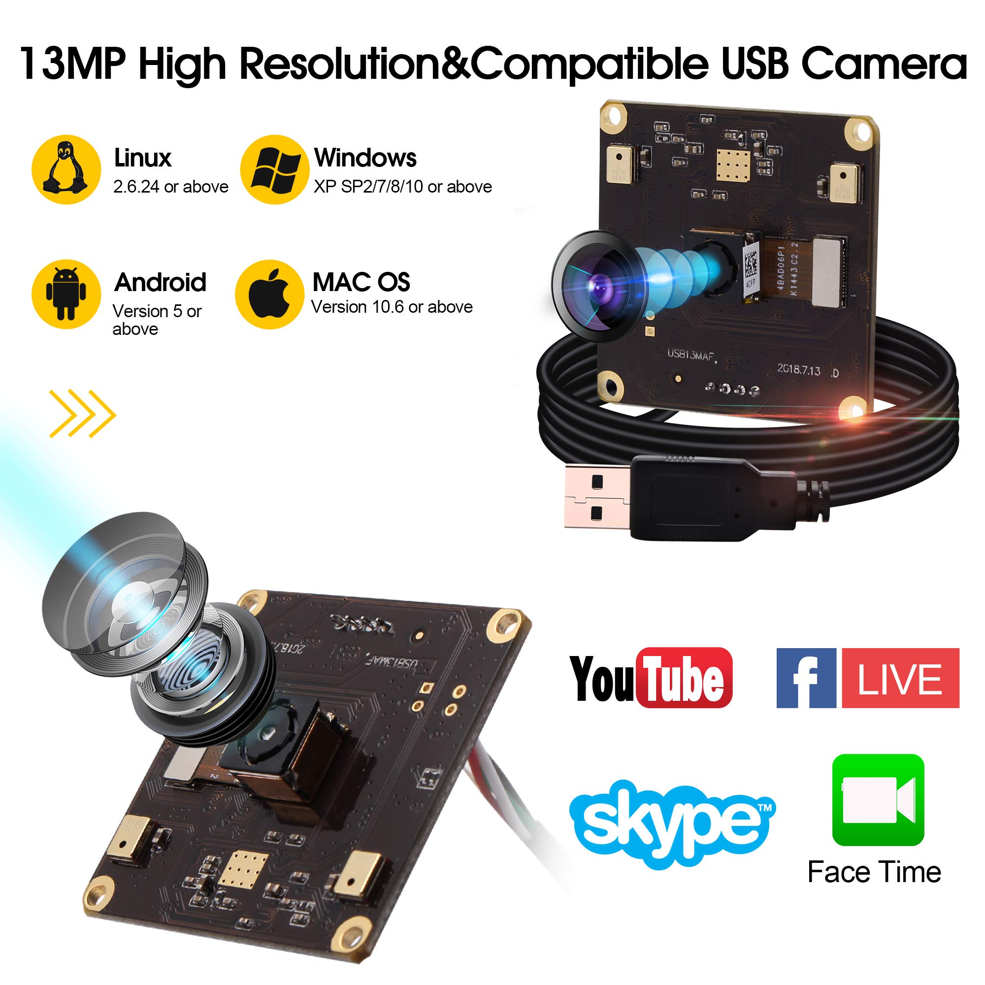 13MP USB Camera Module with Microphone, Autofocus & Audio - UVC USB 2.0 Webcam Board for PC/Laptop/Jetson Nano - Industrial Embedded IMX214 Camera for Video Conferencing, Live Streaming & Lightburn Applications