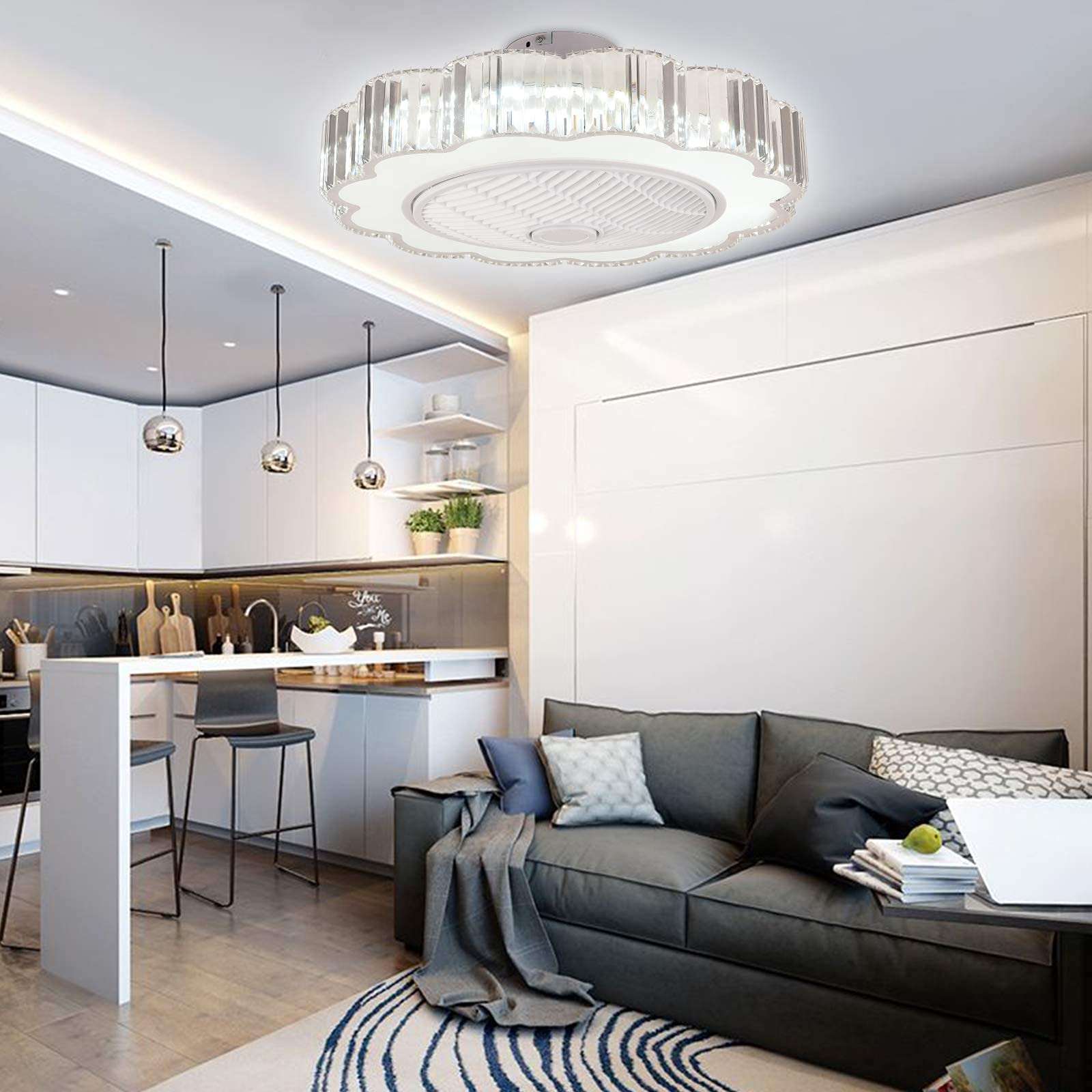 23 Inch Dimmable Bladeless Ceiling Fan with LED Light - Crystal Modern Remote Control, Semi Flush Mount for Kitchen, Living Room & Bedroom (D23 X H4.7) - Perfect for Home Cooling and Stylish Lighting