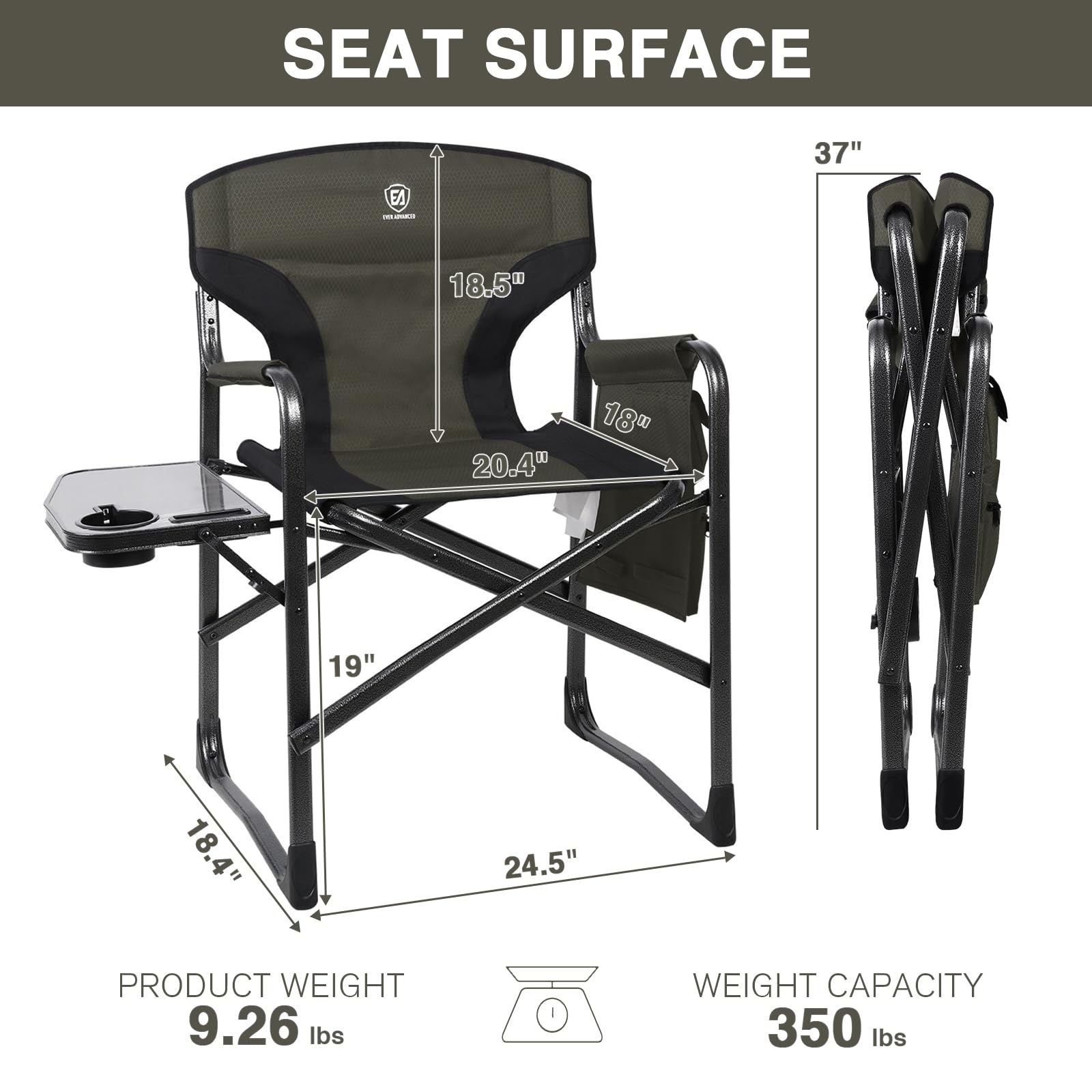 EVER ADVANCED Lightweight Folding Director's Chair - Portable Aluminum Camping Chair with Side Table & Storage Pouch - Heavy Duty Supports 350lbs for Outdoor, Beach, Picnic, and Backyard Relaxation