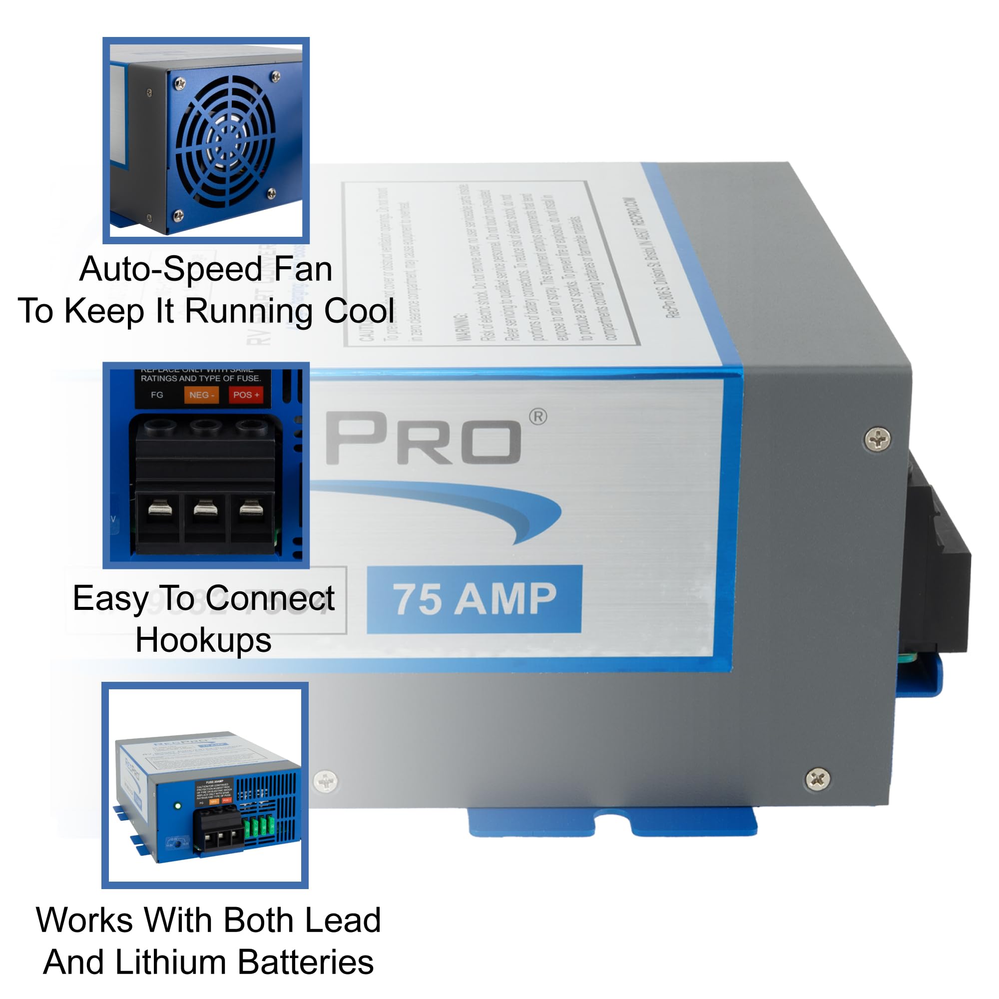 RecPro 75 Amp RV Power Converter & Battery Charger - 4 Stage Smart Charging, 120VAC to 12VDC, 13V-16.5V Operating Range - Perfect for RV, Camper, Travel Trailer & Marine Power Systems