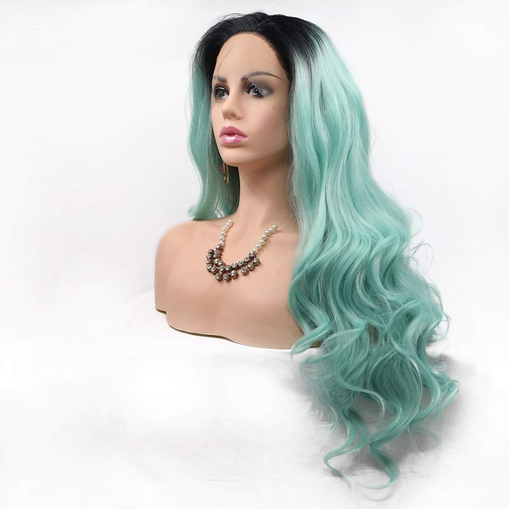 Warooma Long Curly Synthetic Lace Front Wig for Women - European & American Style Human Hair Wigs - Black to Green Ombre Gradient - Perfect for Cosplay, Parties & Daily Fashion