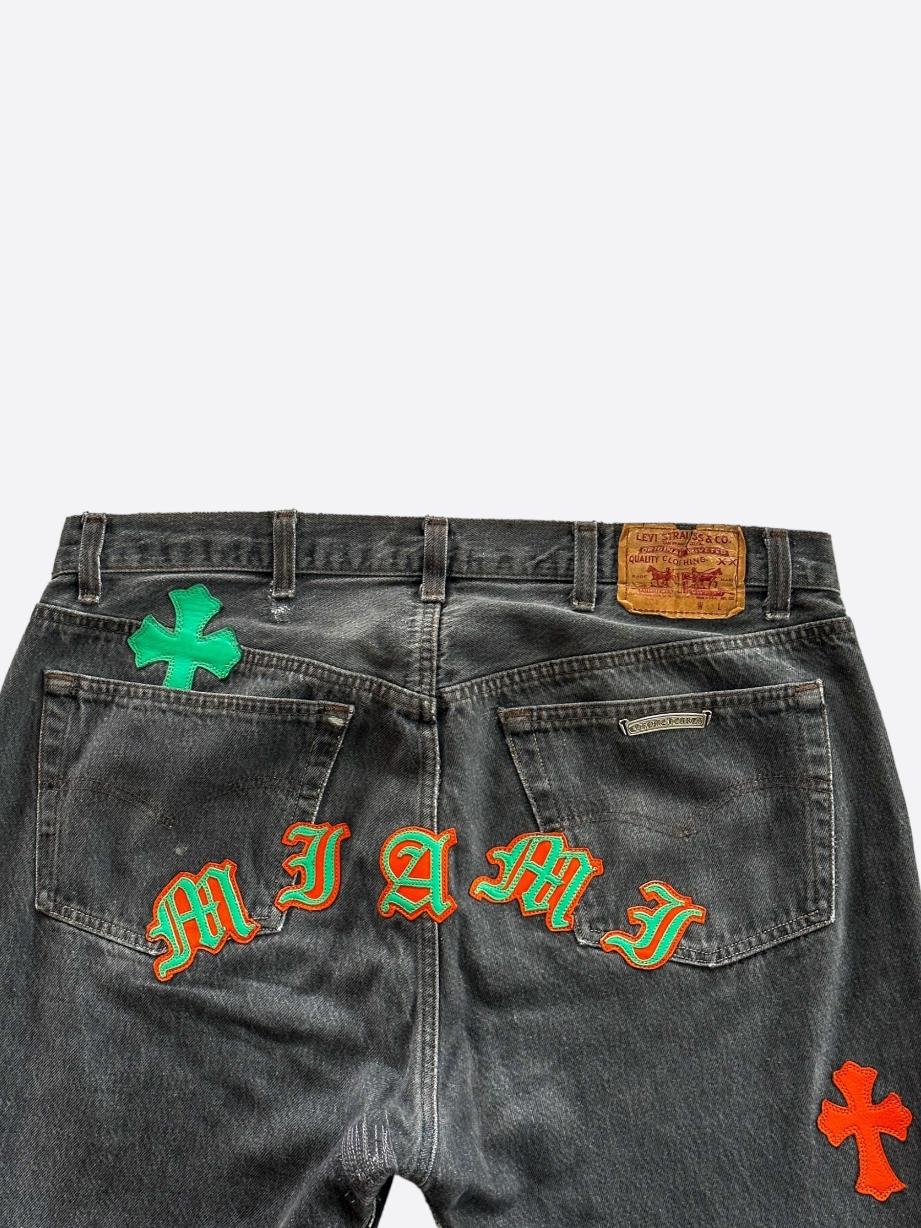 Chrome Hearts x Levi's Miami Patch Jeans - Grey, Green & Orange Distressed Denim for Men | Vintage Style Streetwear & Casual Outfits