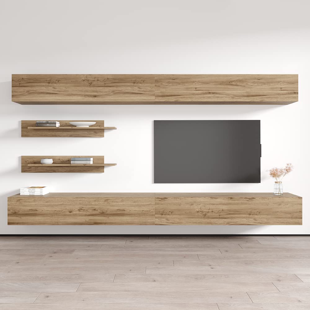 Modern Oak Wall-Mounted TV Stand with Storage Shelves & LED Lights - Floating Entertainment Center Console for Bedroom & Living Room - Perfect for Small Spaces & Home Theater Setup - Meble Furniture Fly I1 30TV Stand