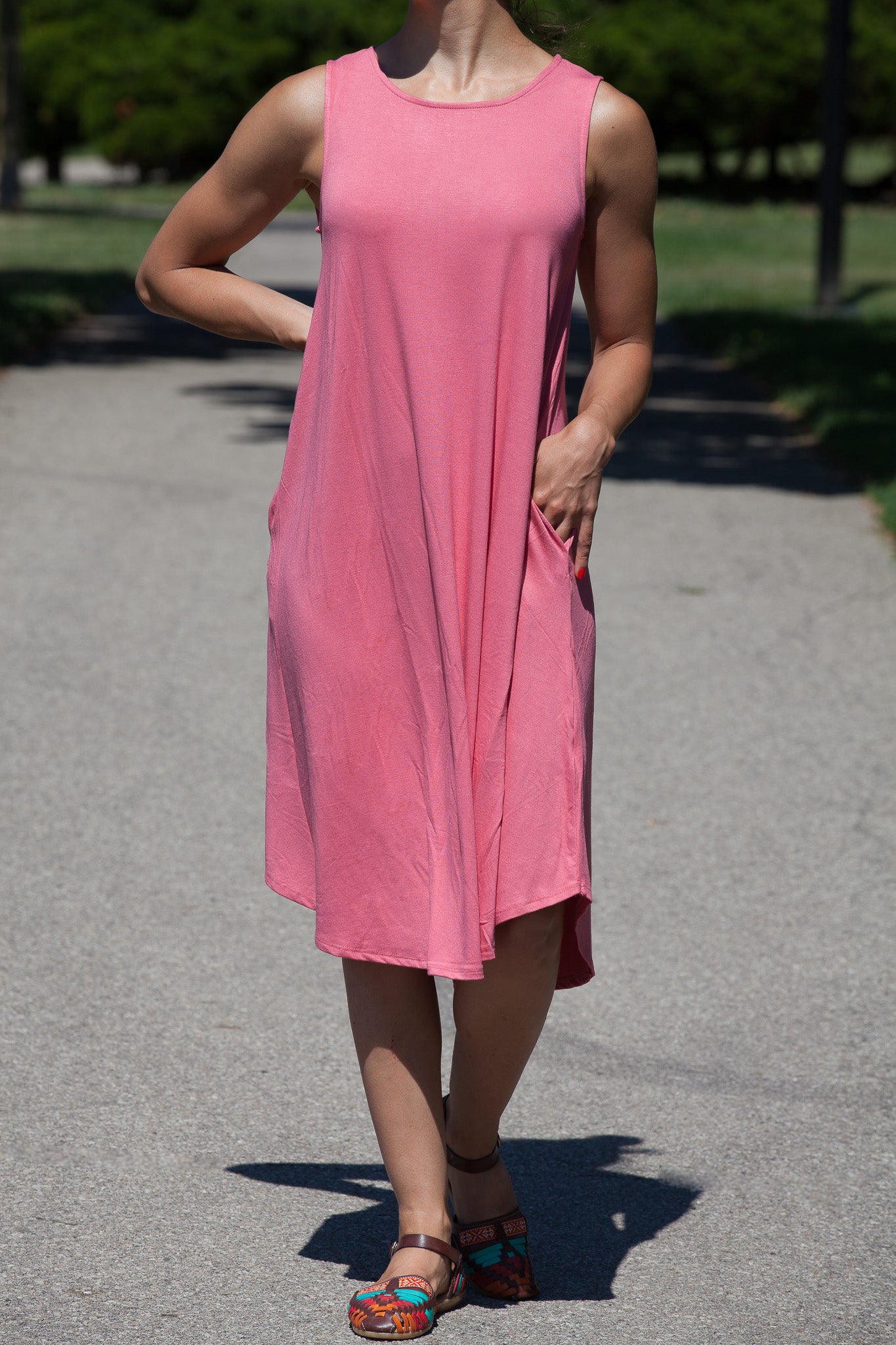 Knee Length Tank Dress with Pockets - Women's Casual Summer Sleeveless Dress for Beach, Vacation, and Everyday Wear