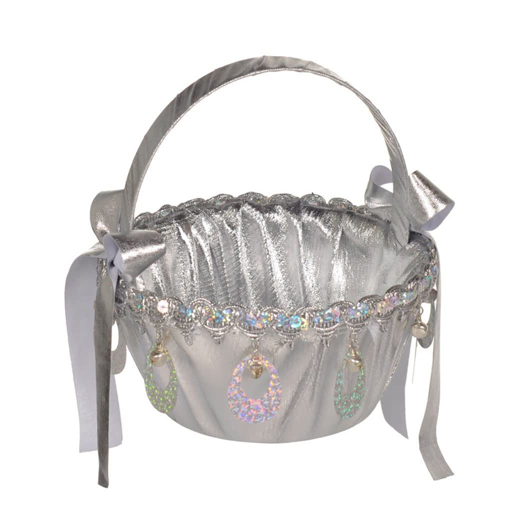 Silver Flower Girl Basket for Weddings - Elegant Bridal Handheld Basket with Sprinkle Design for Flower Girls, Performances & Special Events (One Size, Color A)