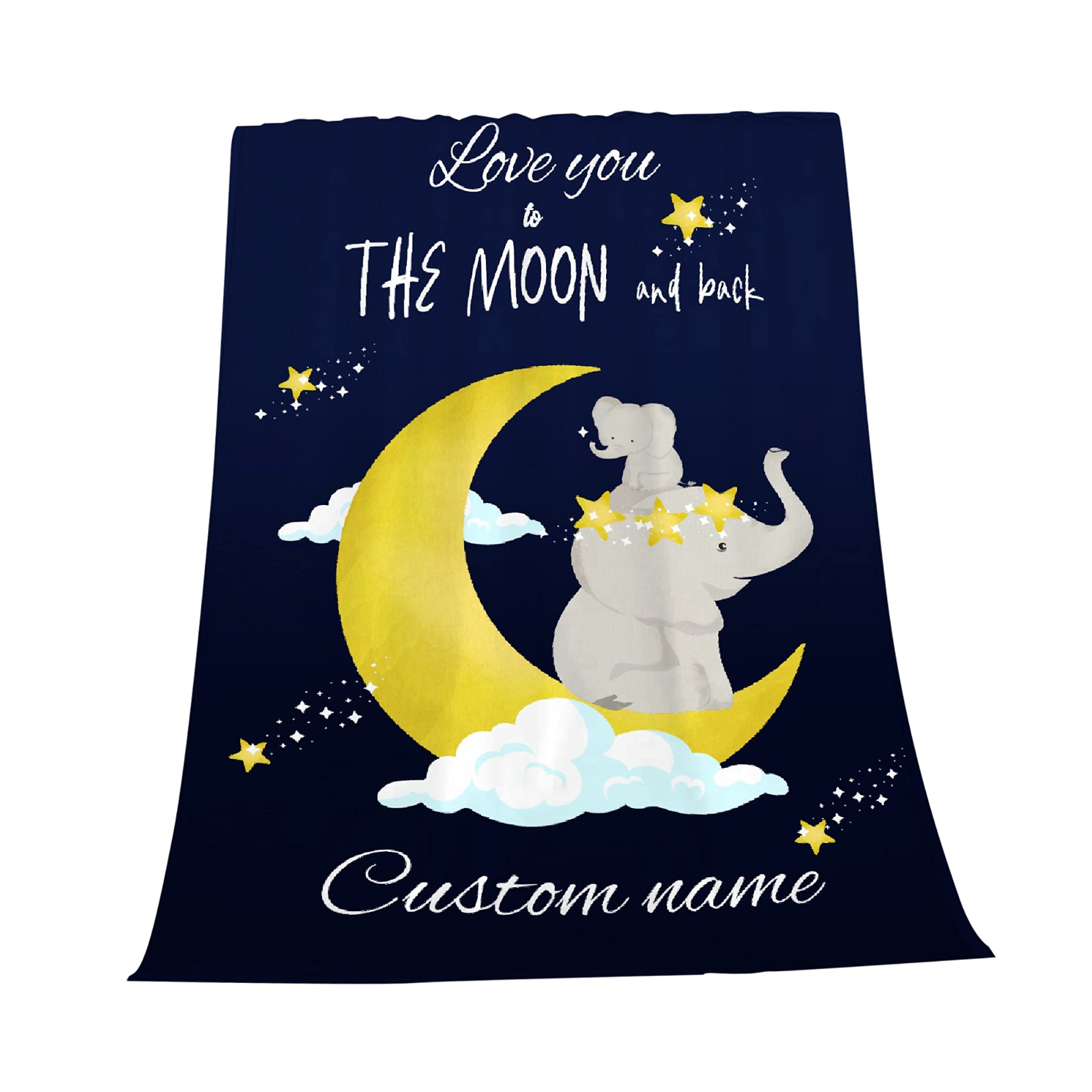 Custom Elephant Throw Blanket - Personalized 'Love You to the Moon and Back' Baby Name Blanket | Soft Flannel Gift for Girls & Boys | Cozy Warm Blanket for Couch, Bed, Sofa | Perfect for Nursery, Baby Shower & Family Movie Nights