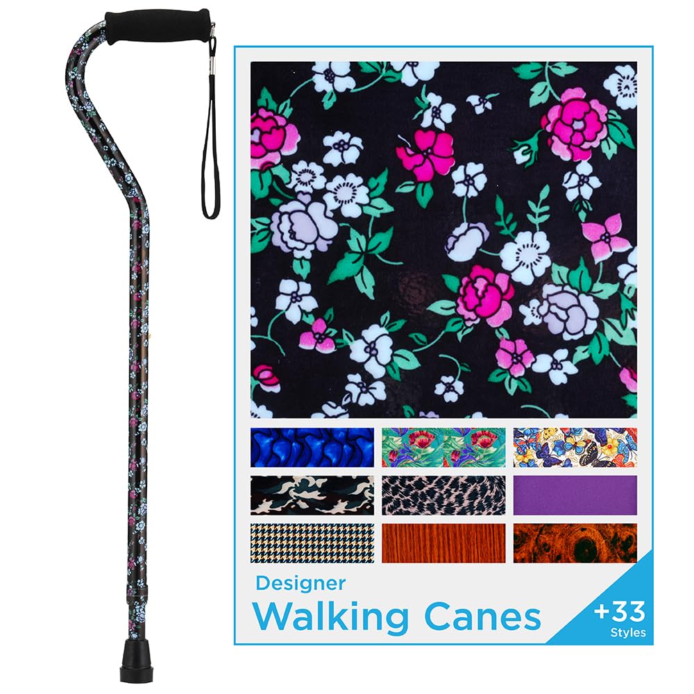 Lightweight Adjustable Walking Cane with Offset Handle - Ergonomic Support for Seniors & Mobility Aid - Comes with Carrying Strap - Stylish Black with Blue & Pink Floral Design - Perfect for Daily Use, Travel & Outdoor Activities