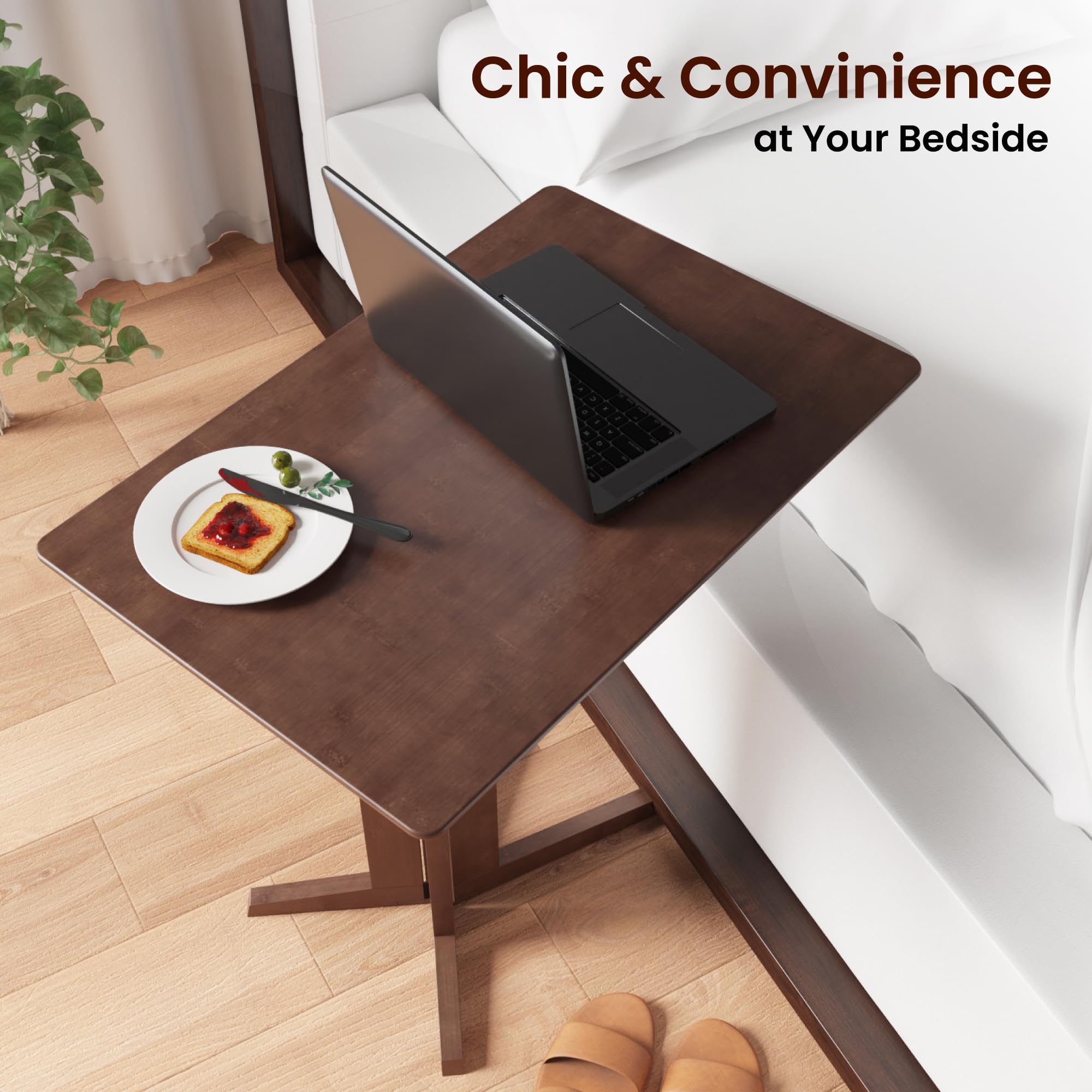 Premium Bamboo C-Shaped Side Table with Wheels - Small Coffee Table, End Table & Sofa Table - Sliding Under Couch for Living Room - Laptop Stand & Rolling TV Tray for Eating - Perfect for Small Spaces, Bedroom, Office & Dorm Use