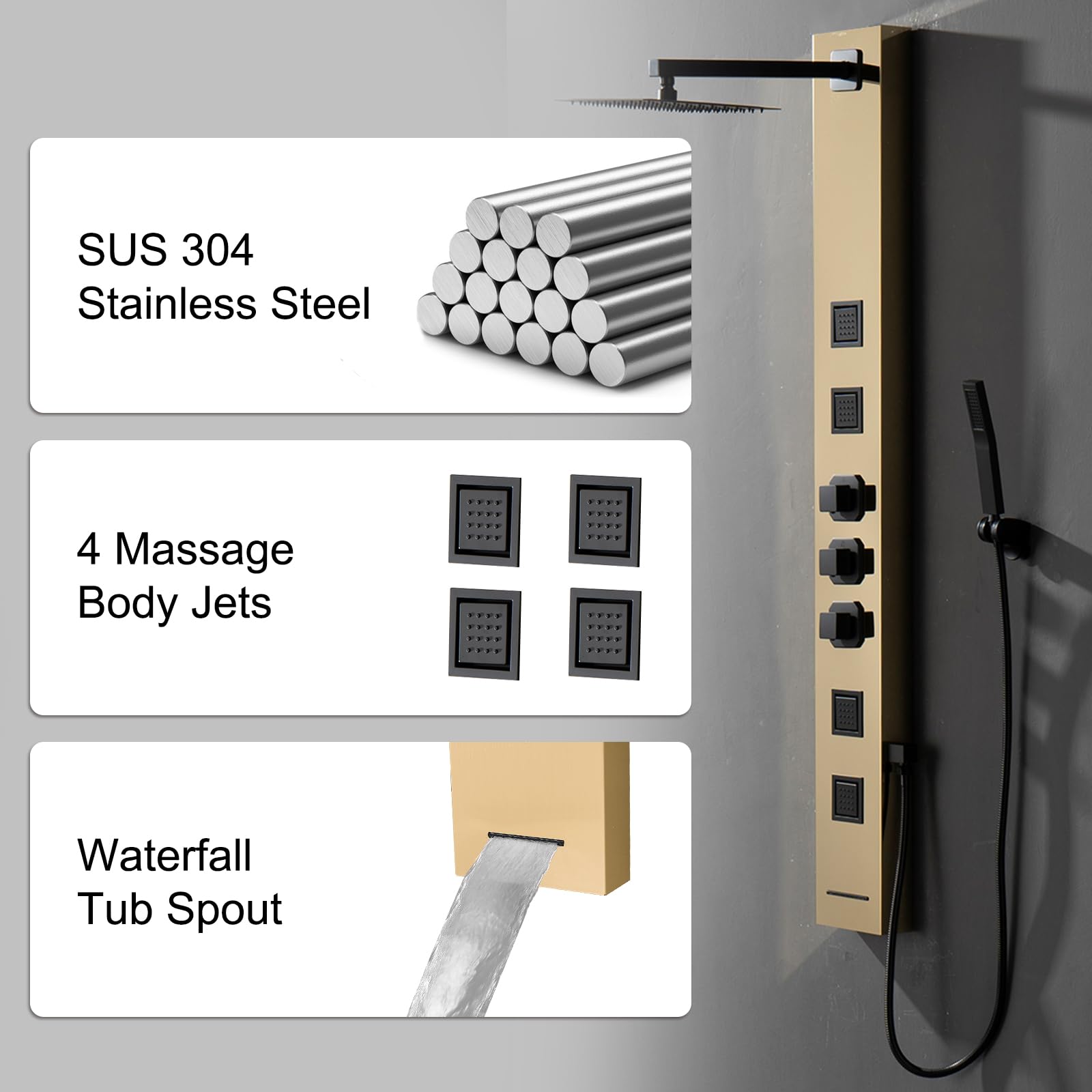 Homevacious Stainless Steel Shower Panel Tower System - Wall-Mounted Rainfall Shower Head with 4 Massage Jets, Handheld Shower & Tub Spout in Polished Gold | Luxury Bathroom Upgrade for Spa-Like Experience