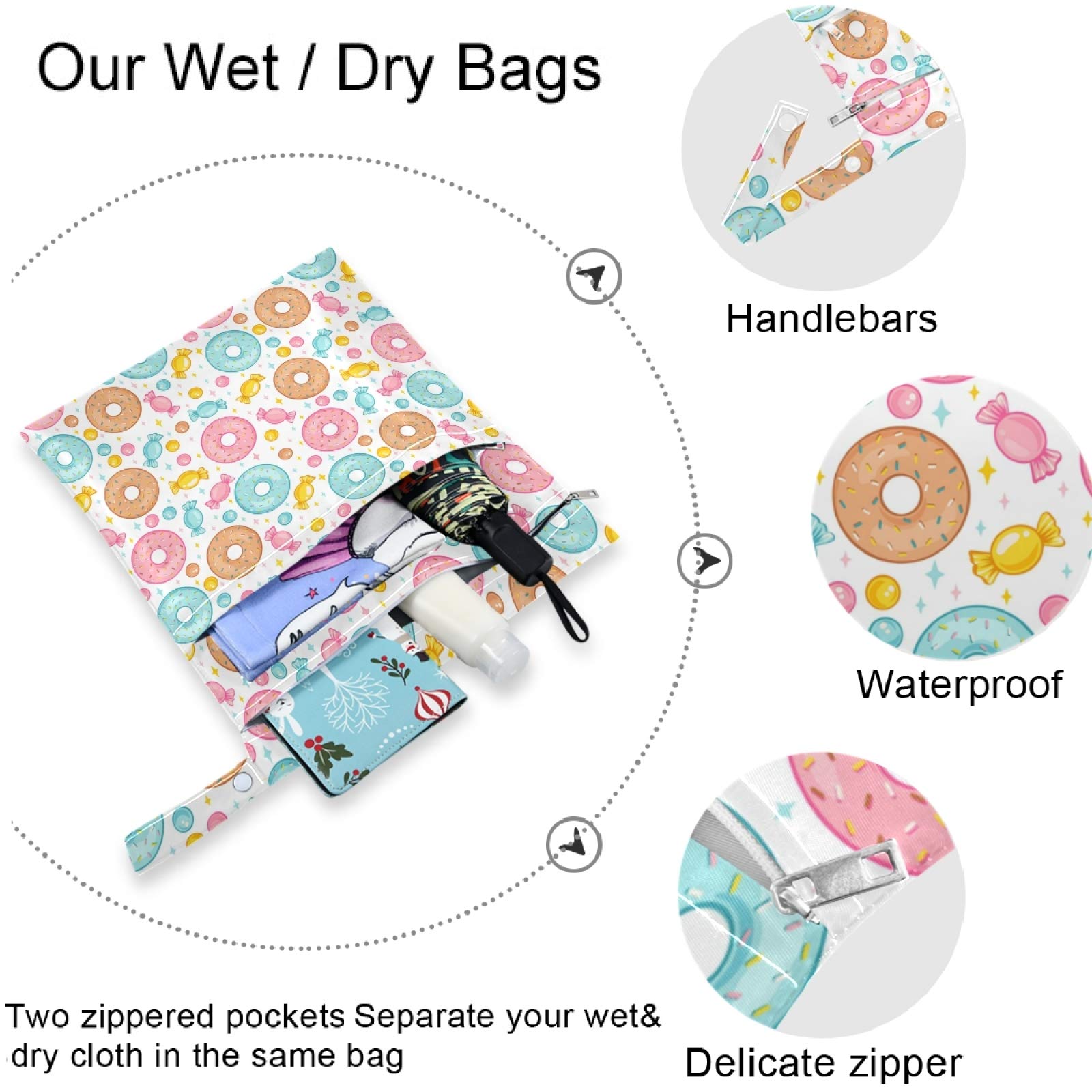 Visesunny 2-Pack Colorful Donut Print Wet Bags with Zippered Pockets - Reusable & Washable Waterproof Storage for Swimsuits, Gym Clothes, Diapers - Perfect for Travel, Beach, Pool, Daycare, Stroller & Toiletries Organization