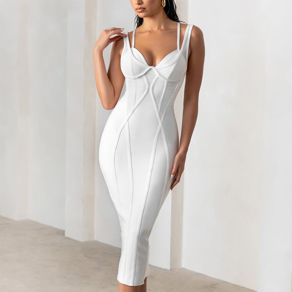 Elegant White Women's Midi Bandage Dress for Wedding Guest, Cocktail Party & Special Occasions - Sexy Bodycon Dress for Night Out, Date Night & Formal Events