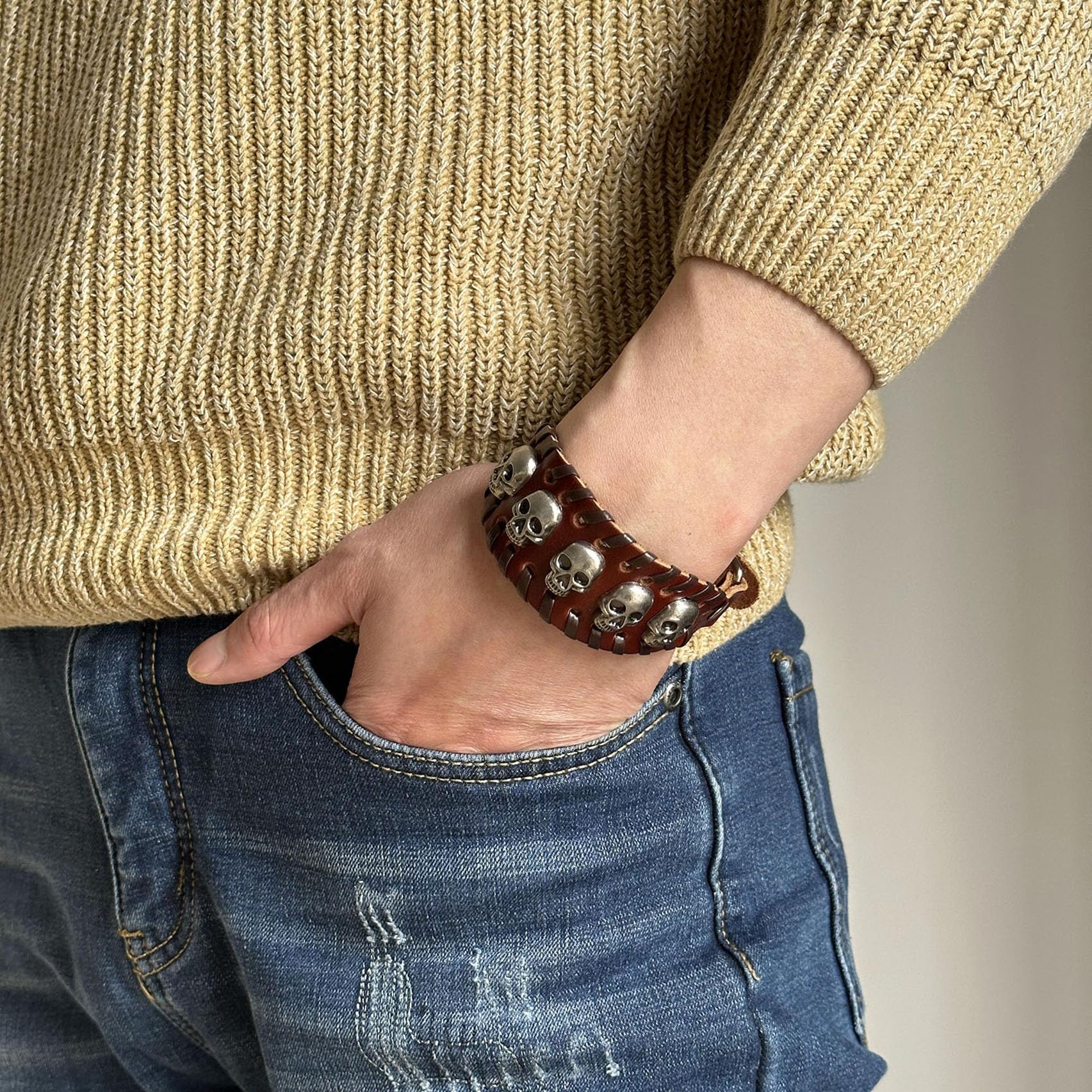 Punk Rock Skull Bracelet - Adjustable Braided Faux Leather Wristband with Belt Buckle - Gothic Arm Cuff for Men & Women - Perfect for Concerts, Halloween & Rock Fashion