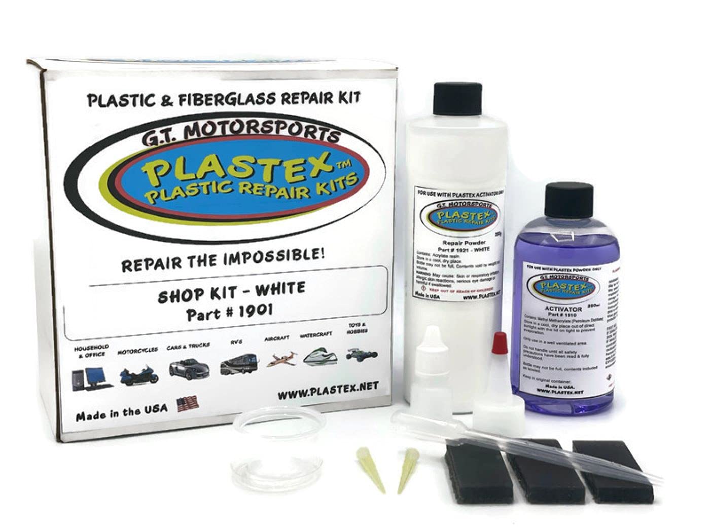 Plastex Plastic and Fiberglass Repair Kit - Strong Adhesive for Fixing Broken Plastic, Wood, Fiberglass & More - Large/Shop Kit (White) - Perfect for DIY Home Repairs, Automotive Fixes & Marine Applications