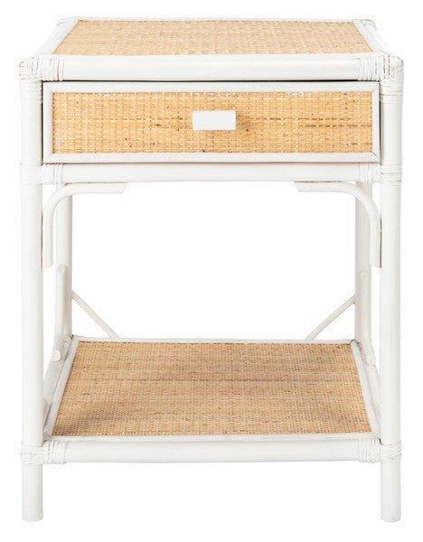 Natural Bamboo & Rattan Nightstand with Drawer - White Wooden Bedside Table for Bedroom, Living Room, or Nursery Storage