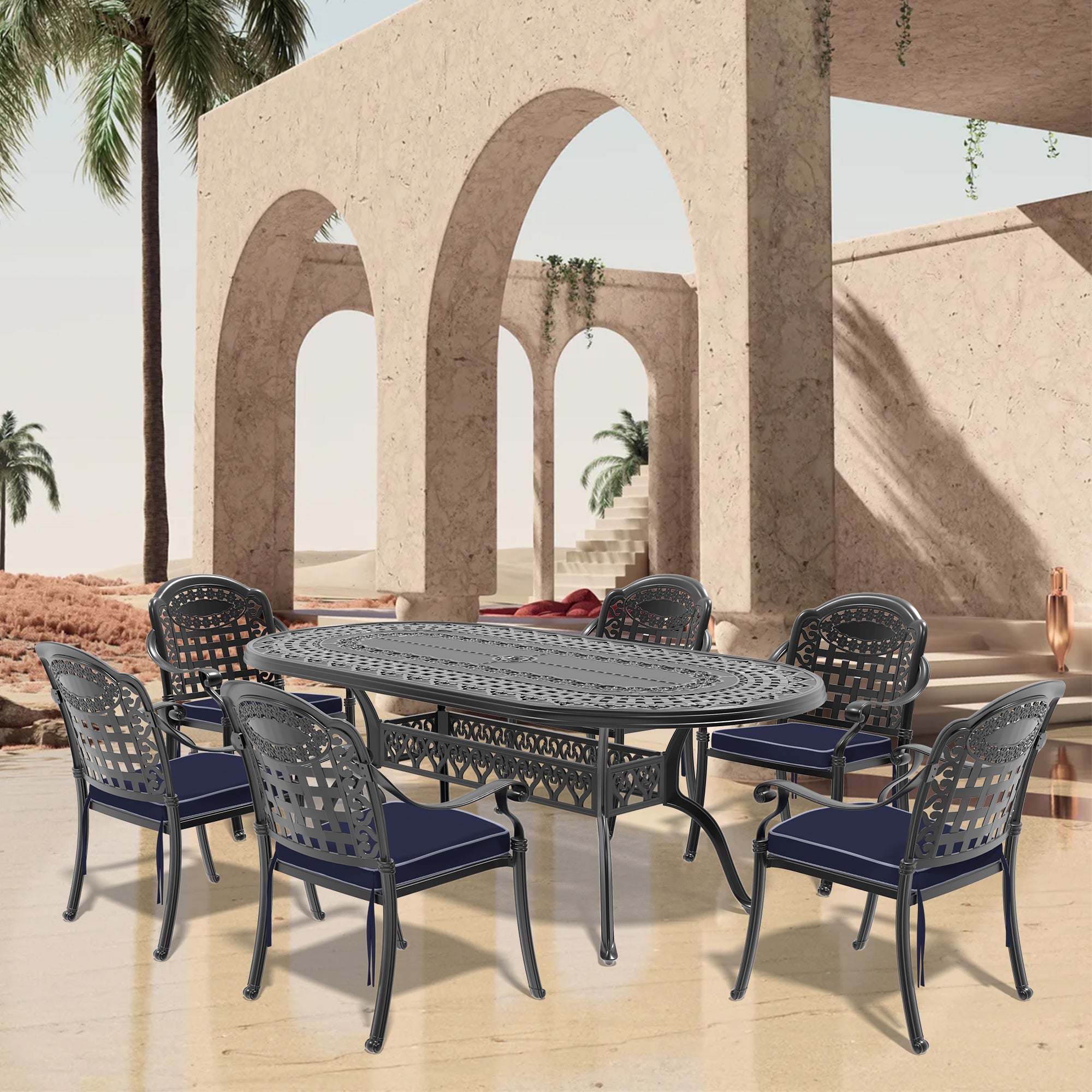 7-Piece Cast Aluminum Patio Furniture Set with Cushions - Outdoor Dining & Lounge Set for Garden, Poolside, Backyard (Color Options Available)
