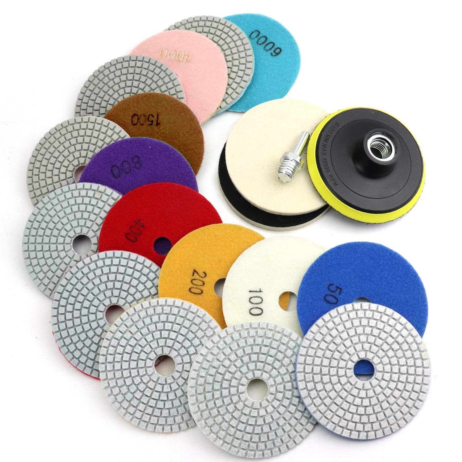 4 Inch Diamond Polishing Pads 12PCS Wet/Dry Kit - 50-6000 Grit for Granite, Marble, Concrete, Quartz Countertops - Compatible with Drill, Grinder, Polisher - Includes 5/8’’-11 Backer Pad - Perfect for Stone Restoration, Countertop Polishing & DIY Home Projects