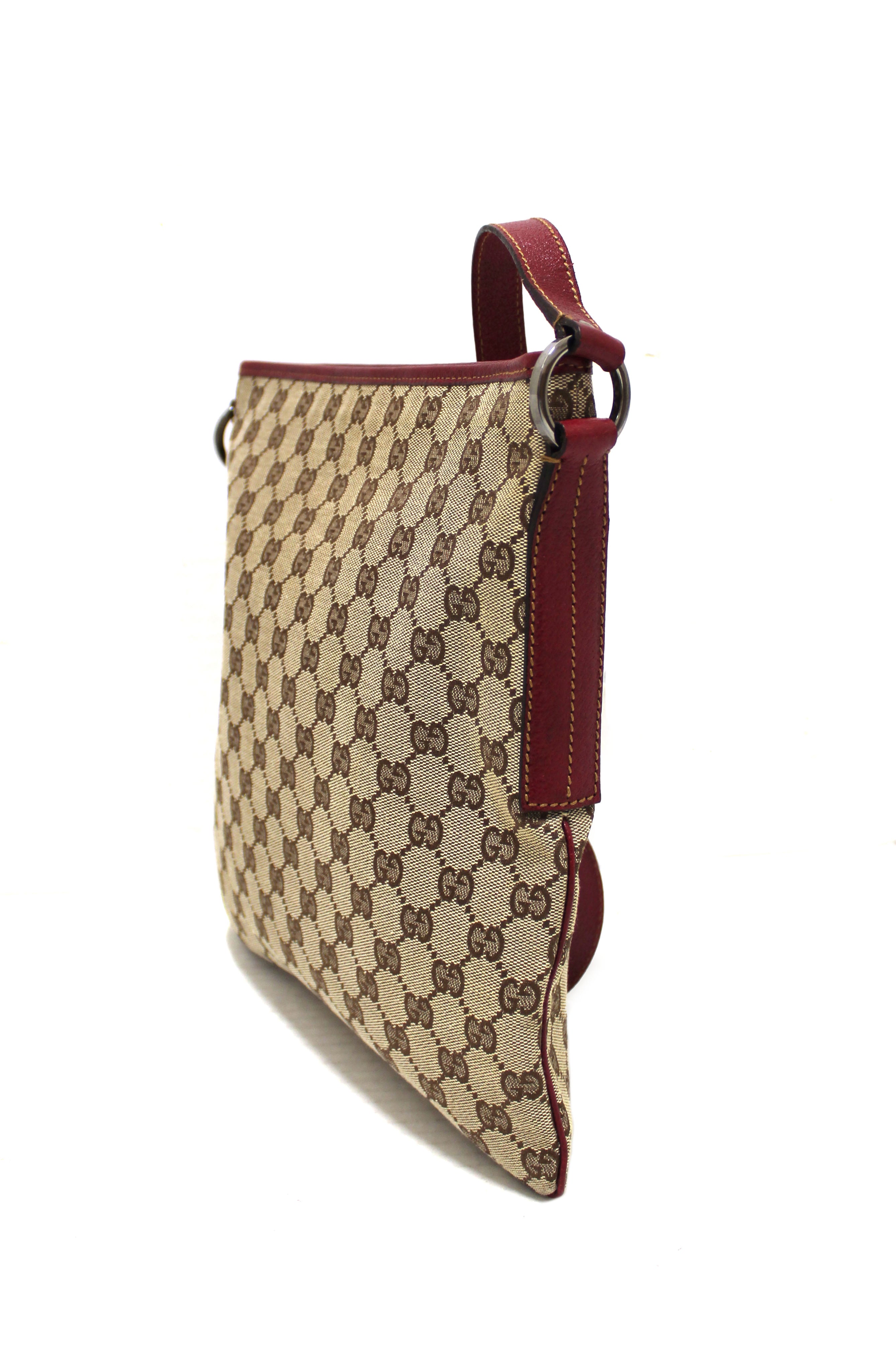 Authentic Gucci GG Monogram Coated Canvas Messenger Bag with Red Leather Trim - Stylish Crossbody Bag for Women, Perfect for Work, Travel & Everyday Use