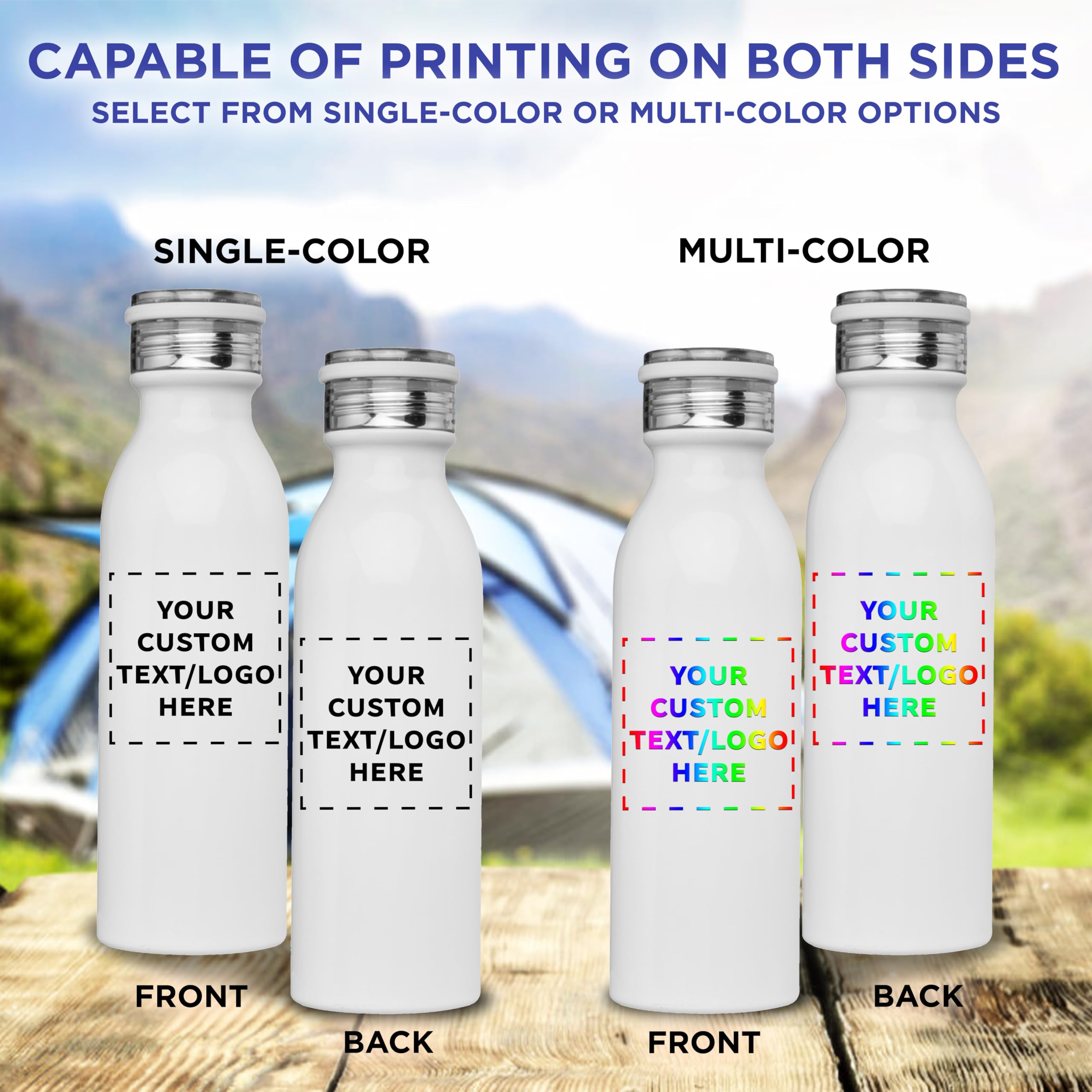 Echo 20 oz Custom Stainless Steel Water Bottles - Double Wall Insulated Bulk Pack of 24 - Personalized for Coffee, Tea, Soda & Cold Drinks - Perfect for Office, Gym, School & Outdoor Activities - White