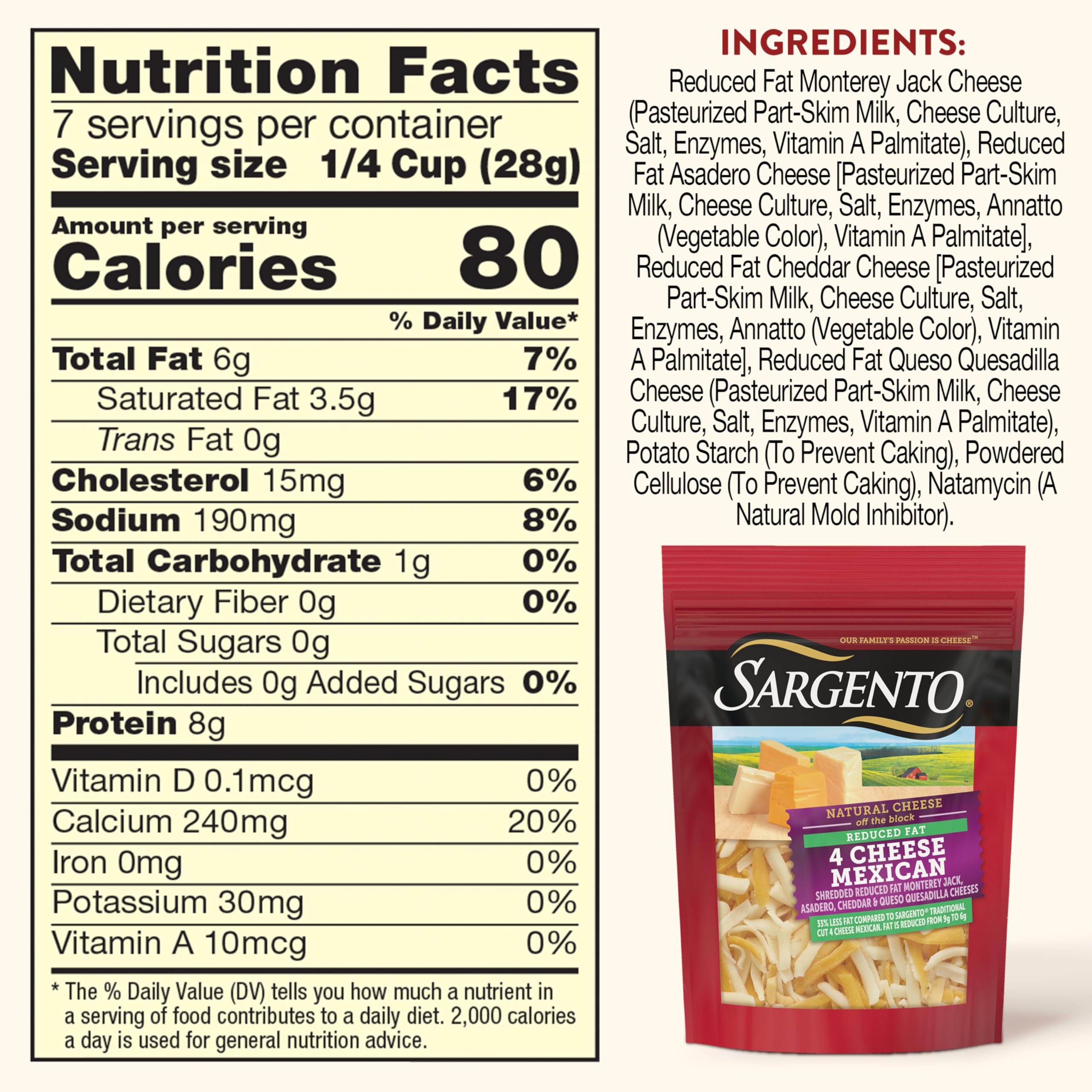 Sargento Shredded Reduced Fat 4 Cheese Mexican Blend Natural Cheese, 7 oz - Perfect for Tacos, Nachos, Quesadillas & Mexican Dishes