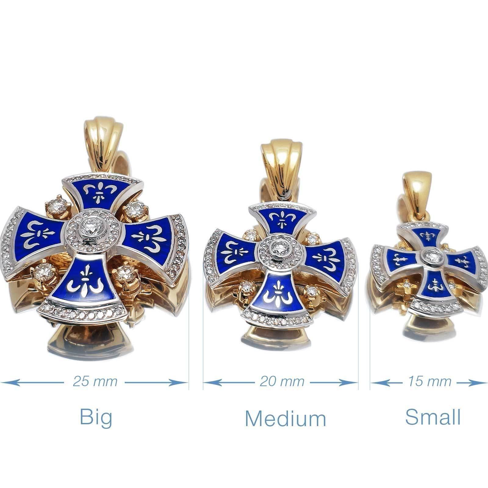 14K White & Yellow Gold Diamond Jerusalem Cross with Blue Enamel - Elegant Religious Jewelry for Gifts, Weddings & Special Occasions