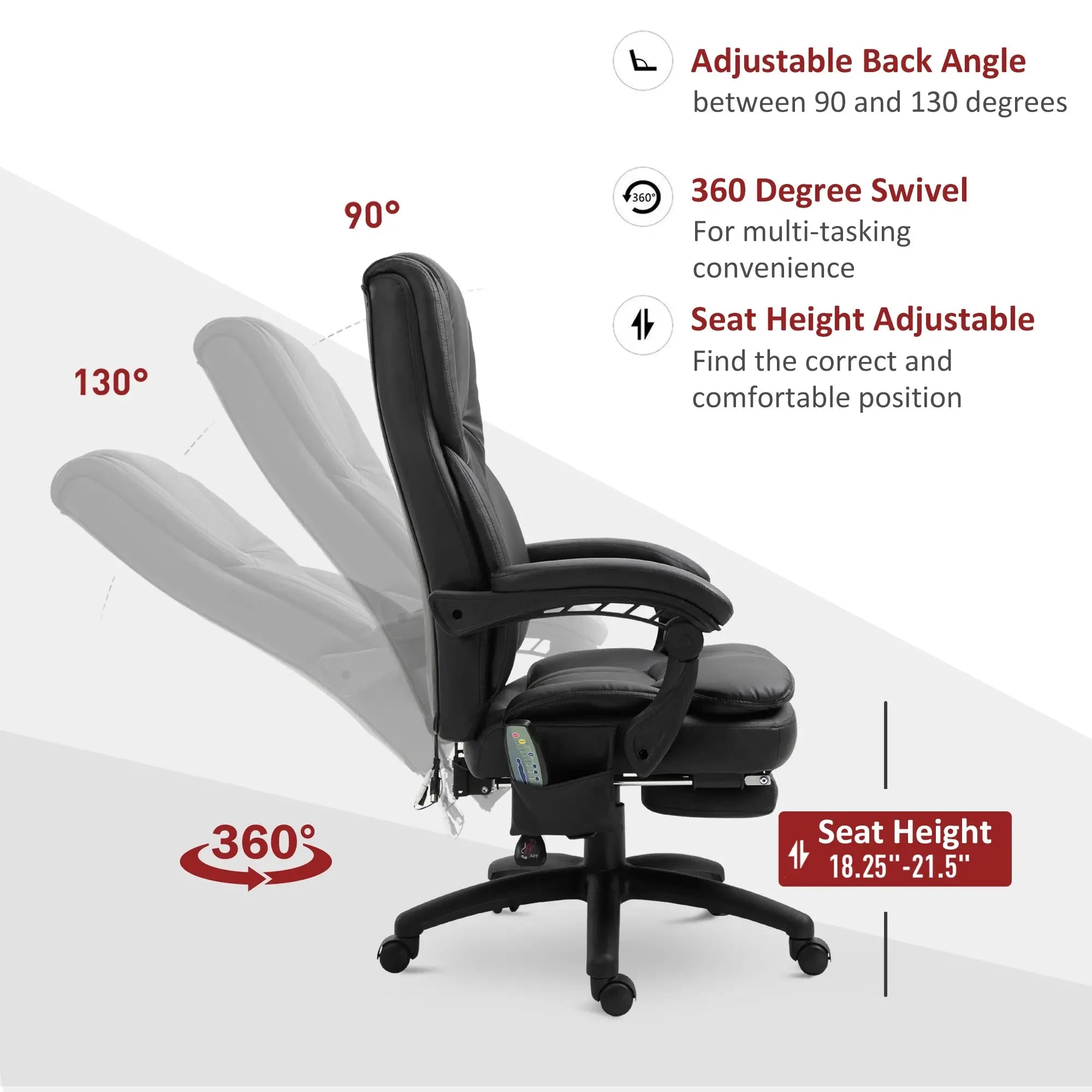 Vinsetto Ergonomic Office Chair with High Back, 6-Point Vibration Massage, 360° Swivel & Adjustable Height - Reclining Executive Chair with Retractable Footrest for Home Office, Gaming, and Workspace Comfort