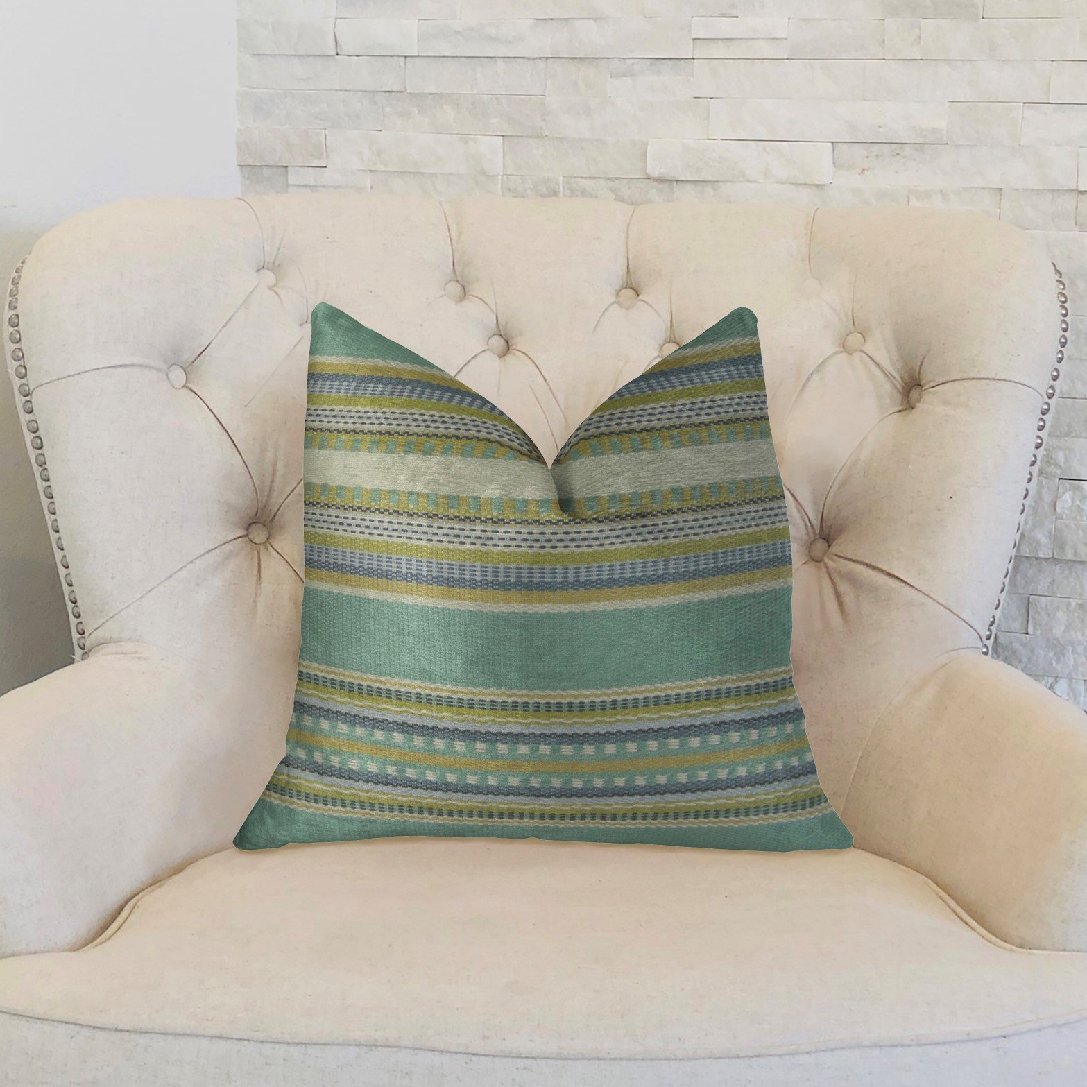 Plutus Chic Stripe Aloe Handmade Throw Pillow 12x25 Inch - Light Blue Green Cream Decorative Cushion for Sofa, Bed, Living Room & Home Decor