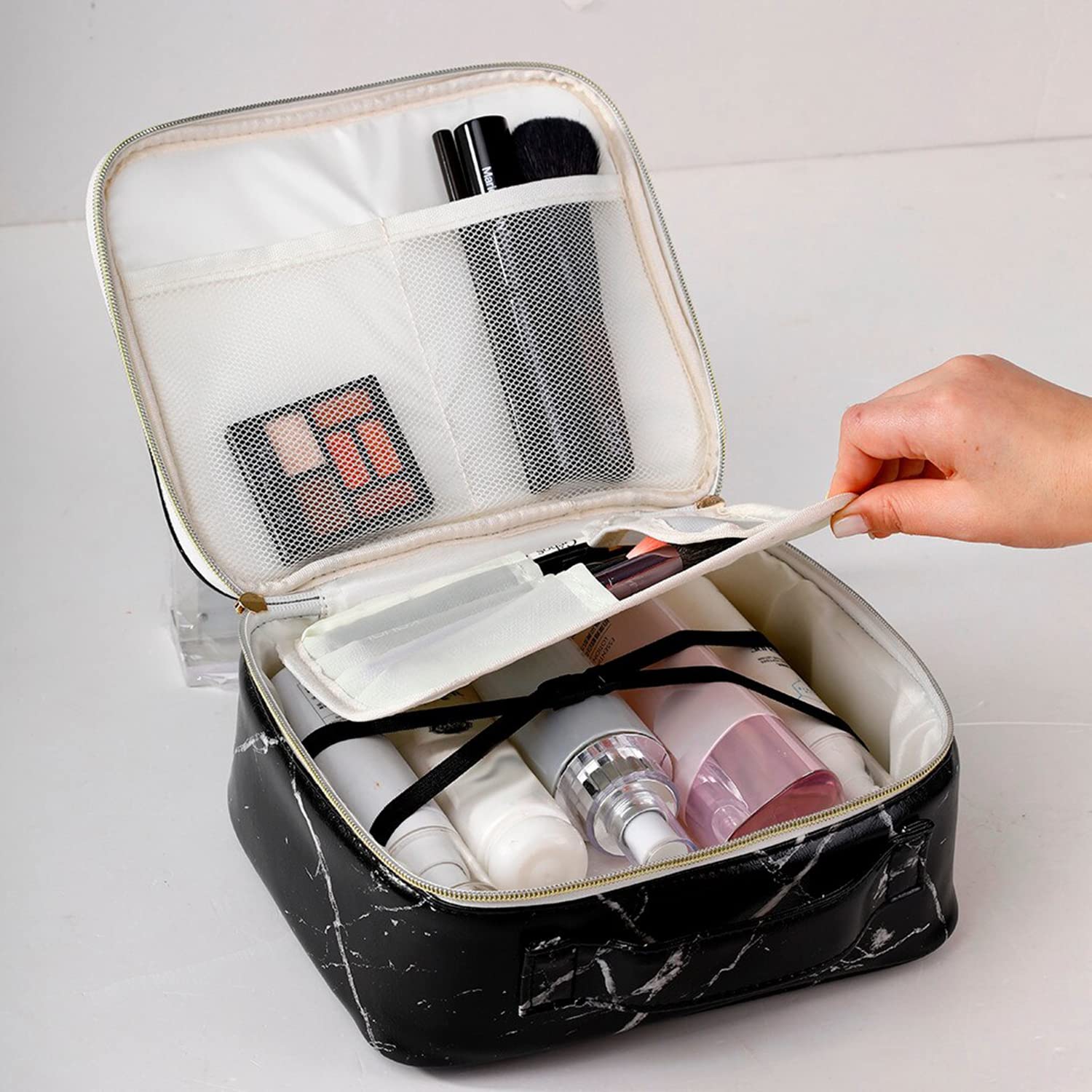 House of Quirk Portable Travel Makeup Bag for Women - Waterproof Cosmetic Organizer with Detachable Brush Pouch (Black Marble) | Perfect for Vacation, Gym & Daily Essentials Storage