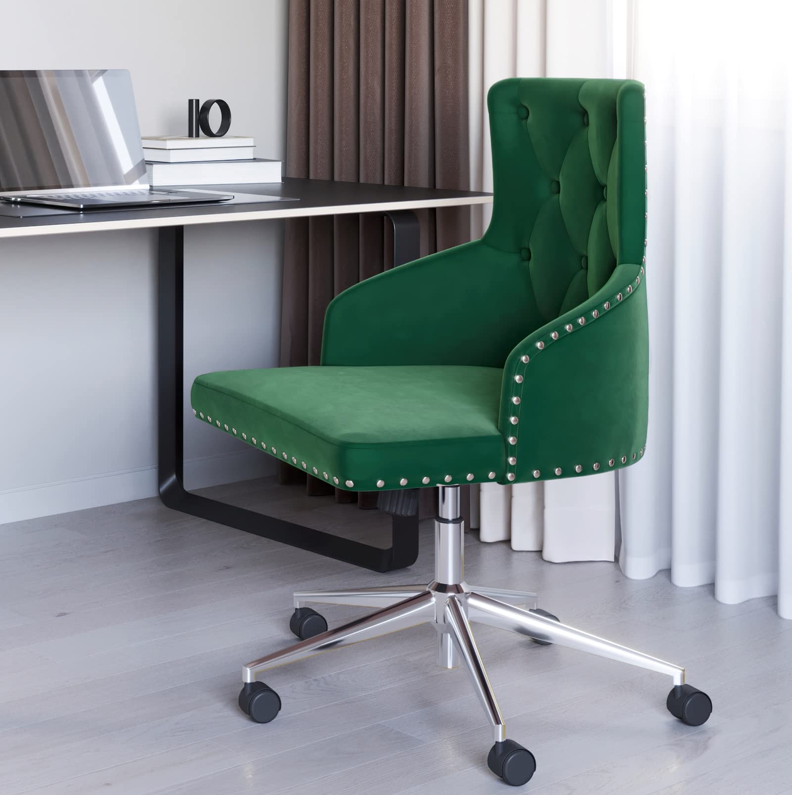BELLEZE Modern Velvet Desk Chair - Adjustable Height Swivel Office Chair with Wheels, Tufted Upholstered Seat & Slim Arms for Home Office, Bedroom Vanity or Study Room - Belden Green Velvet Chair for Comfortable Working & Studying