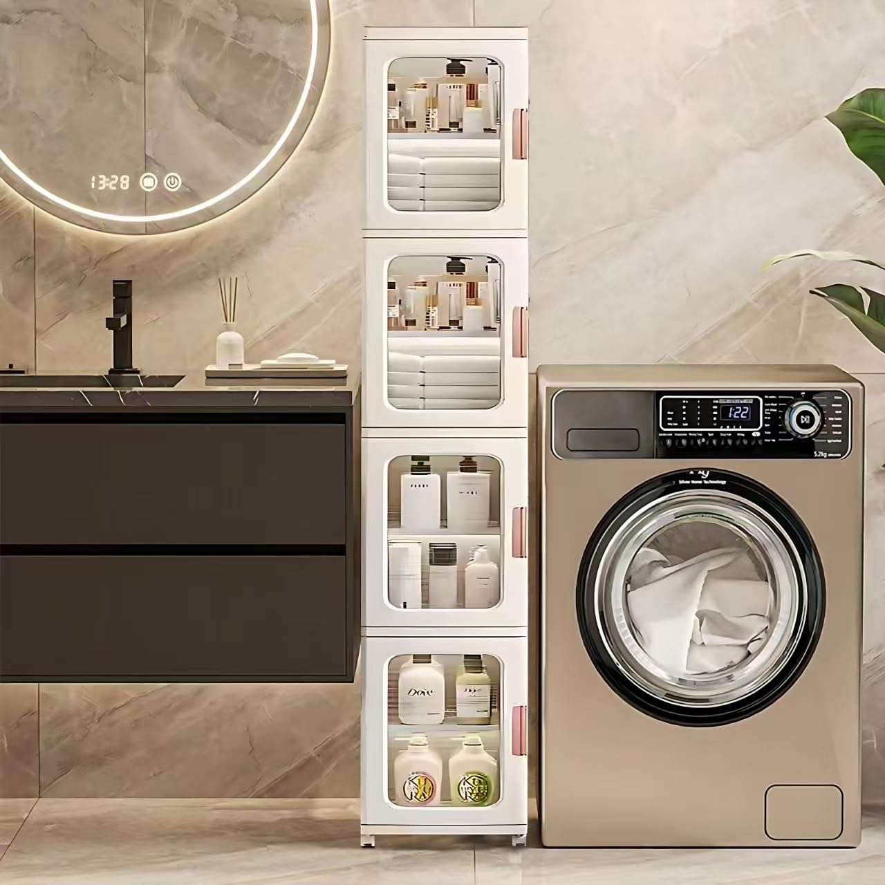 4-Tier Slim Tall Bathroom Storage Cabinet with Adjustable Shelves & Doors - Freestanding Narrow Linen Organizer for Small Spaces, Laundry Room & Bathroom Organization | Perfect for Towels, Toiletries & Cleaning Supplies