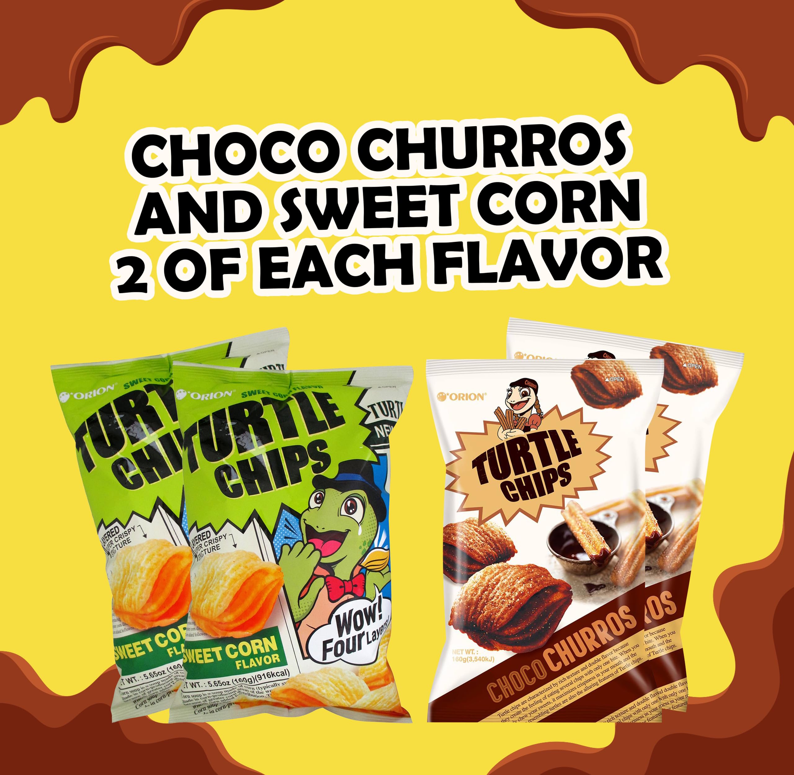Orion Turtle Chips Variety Pack - Choco Churros & Sweet Corn Flavors (2 of Each) | Authentic Japanese Korean Snacks | Crunchy Corn Tortilla Chips | Perfect for Parties, Movie Nights & Gifts | 4-Pack with Reusable Nosh Bag