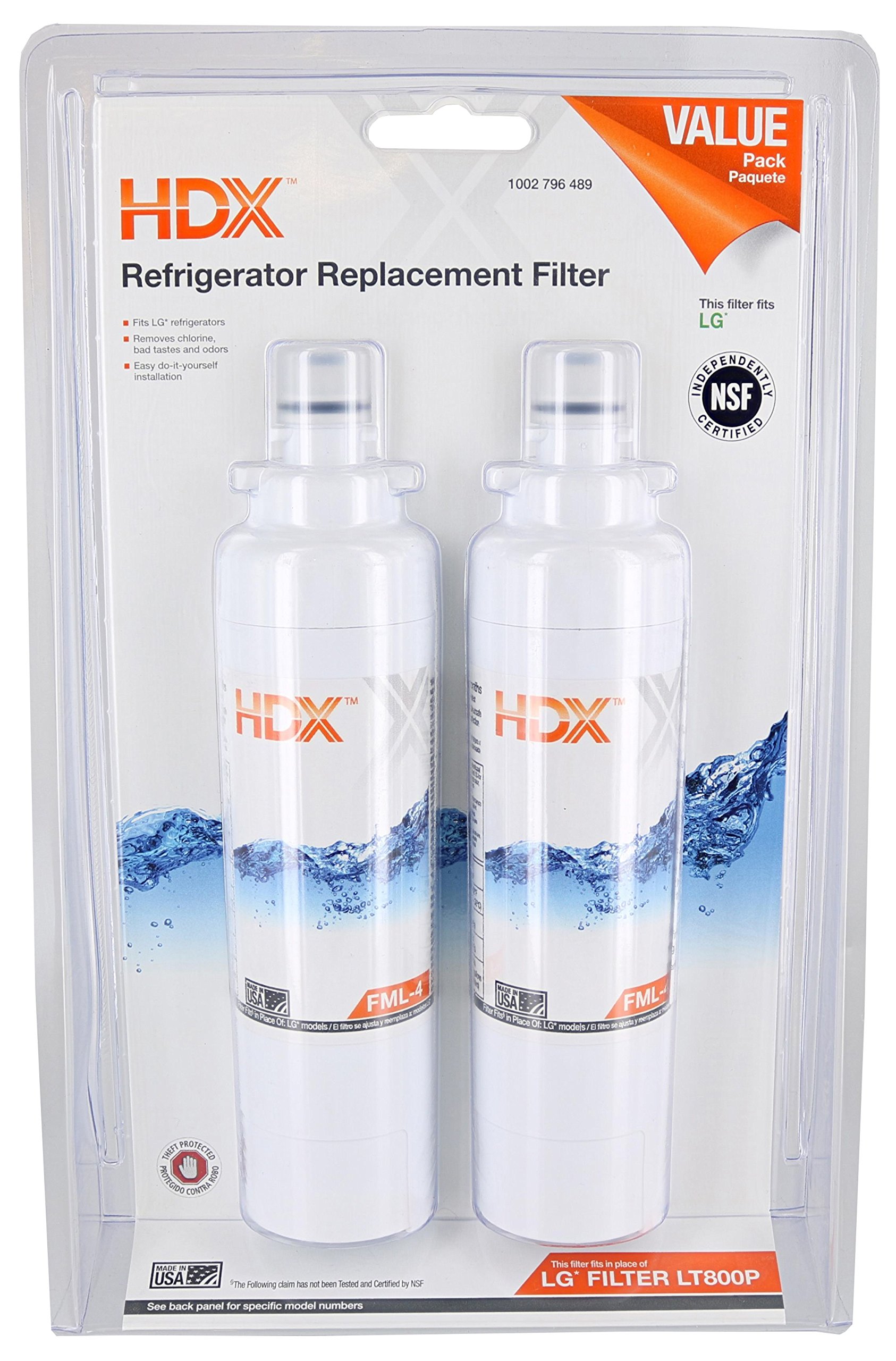 HDX FML-4 Replacement Water Filter Cartridge for LG Refrigerators - 2 Pack | NSF Certified | Reduces Chlorine, Lead & Impurities | Perfect for Clean Drinking Water & Ice Making