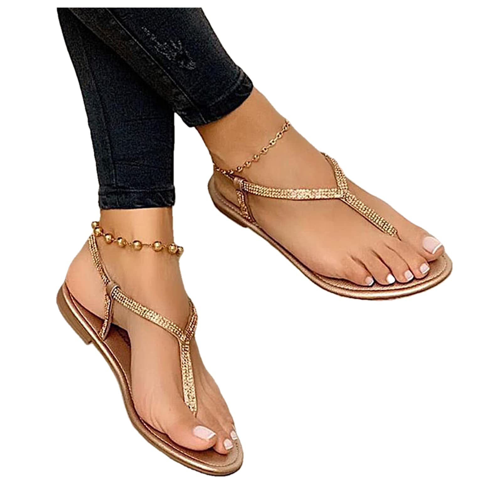 Women's Comfortable Boho Crystal T-Strap Flip Flops - Summer Casual Beach Sandals with Clip Toe Design for Walking, Travel & Outdoor Activities