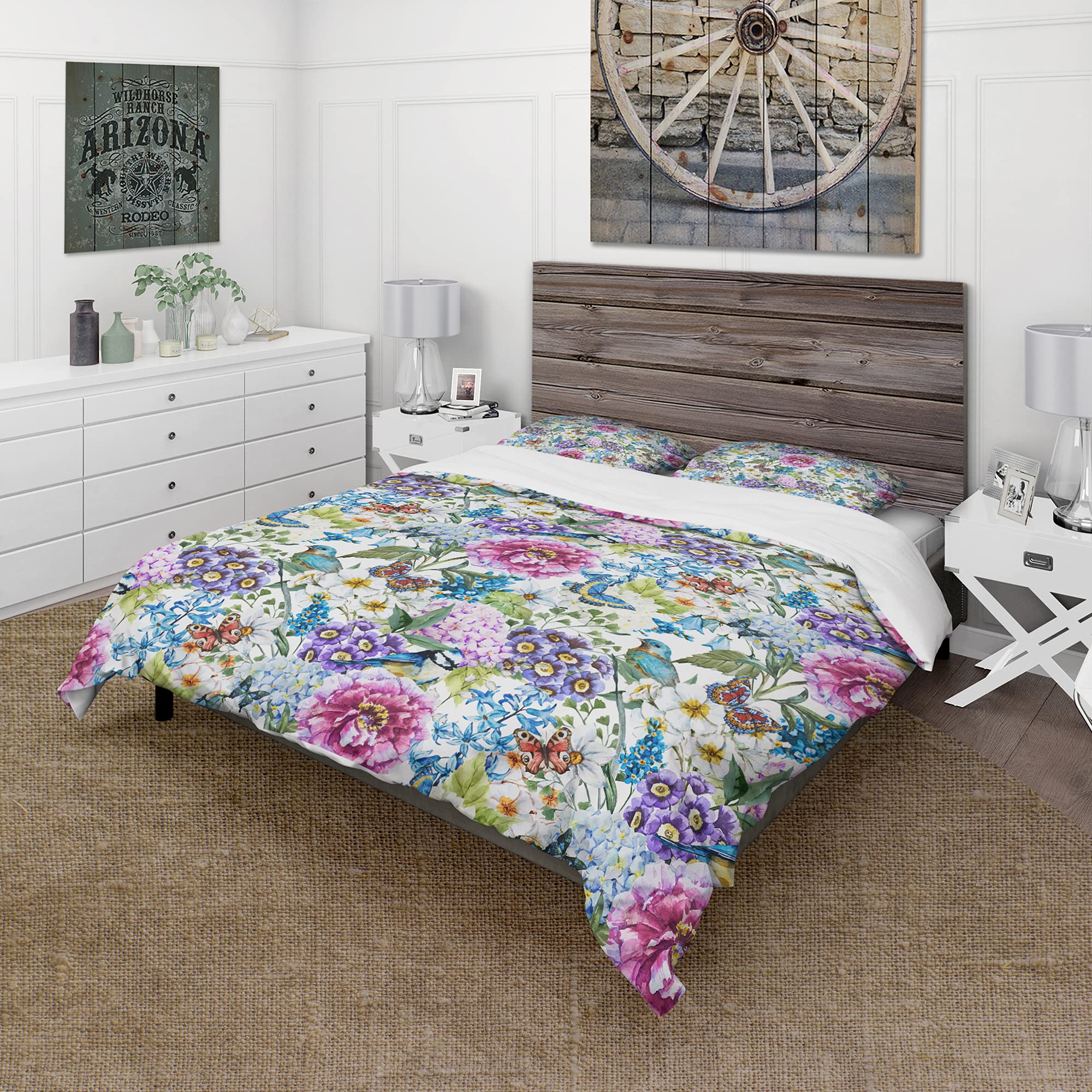 DesignQ Blue Bird & Purple Floral Duvet Cover Set - Queen Size Bedding with Matching Pillowcases, Soft & Breathable Cotton for Cozy Bedroom Decor