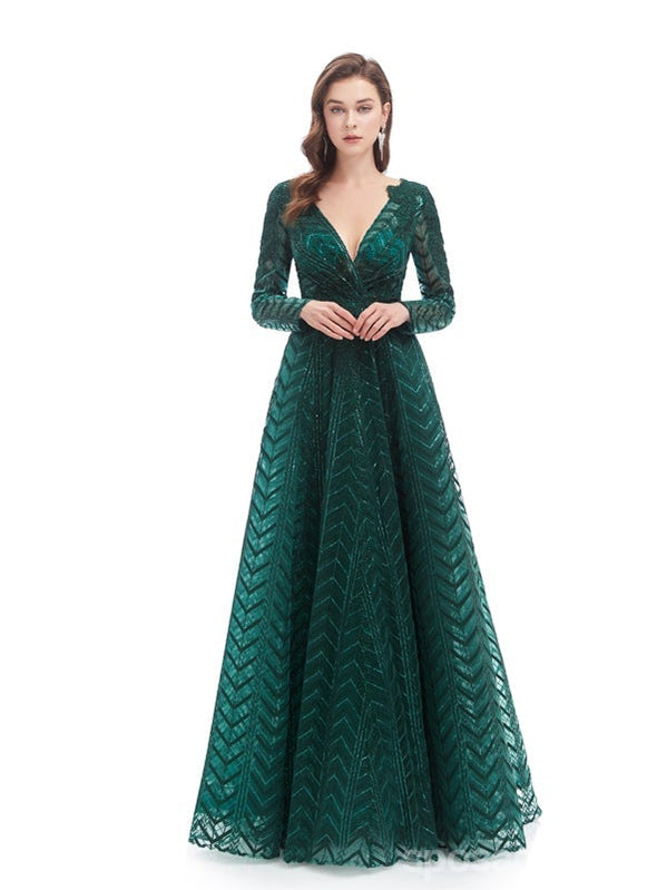 Emerald Green A-Line Long Sleeve V-Neck Prom Dress for Women - Elegant Formal Evening Gown for Homecoming, Ball, Quinceañera & Special Occasions