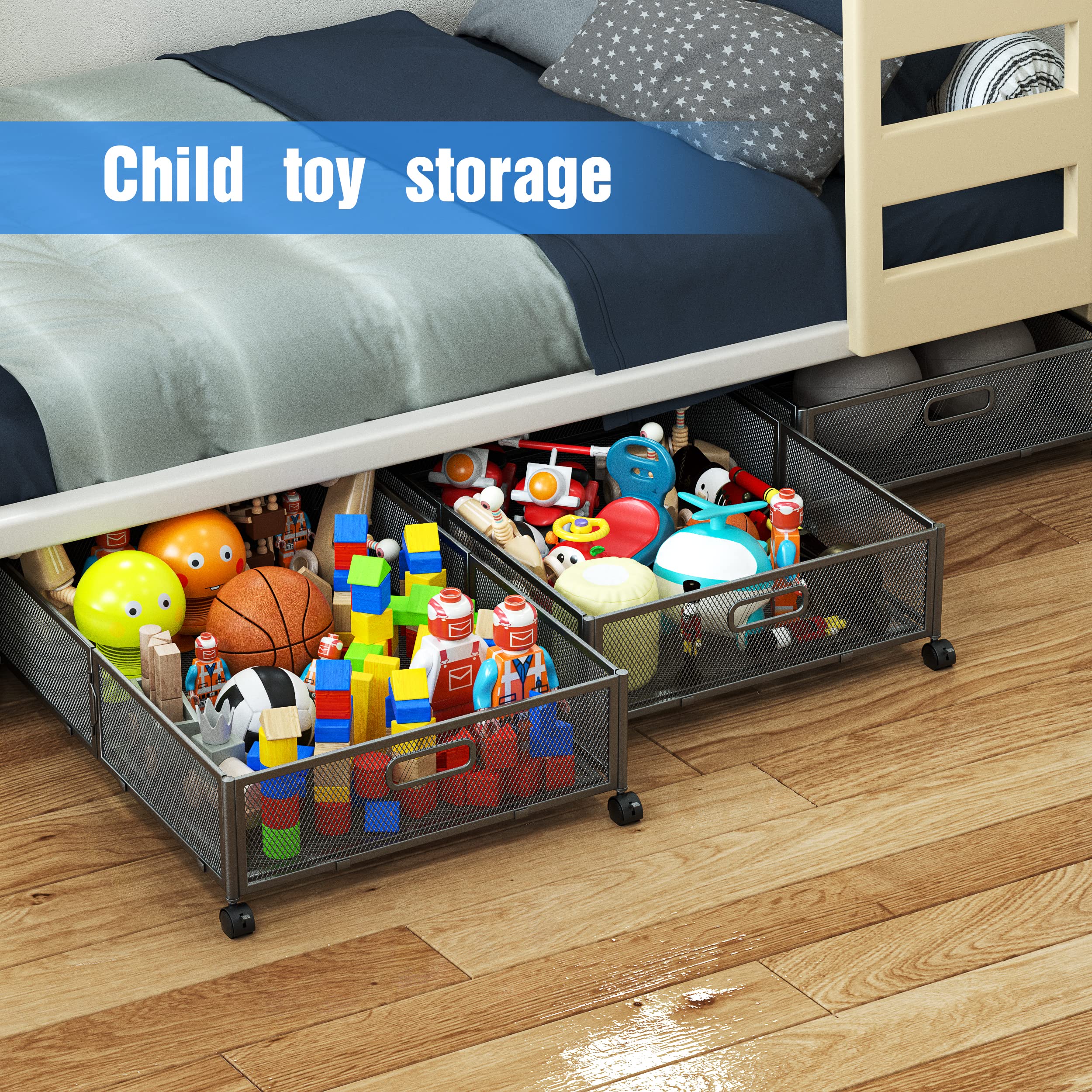 Under Bed Storage with Wheels - 4 Pack Metal Underbed Storage Containers & Drawers for Shoes, Clothes, Blankets | Bedroom Organization Solution | Space-Saving for Small Apartments & Dorm Rooms