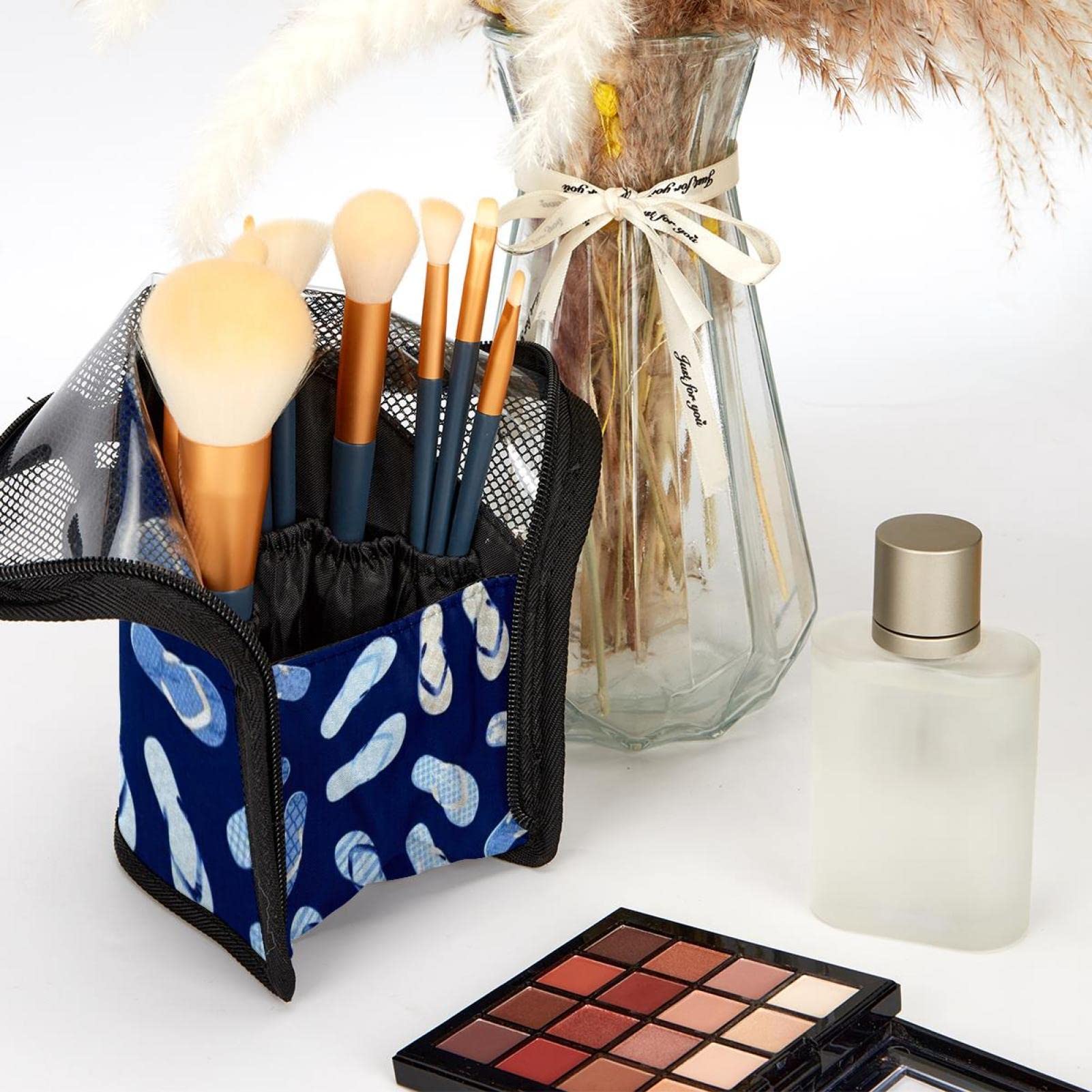 12-Piece Makeup Brush Organizer Bag with Portable Holder Case - Blue Background Slippers Design for Travel & Home Storage | Perfect Cosmetic Brush Set for Makeup Artists & Beauty Enthusiasts